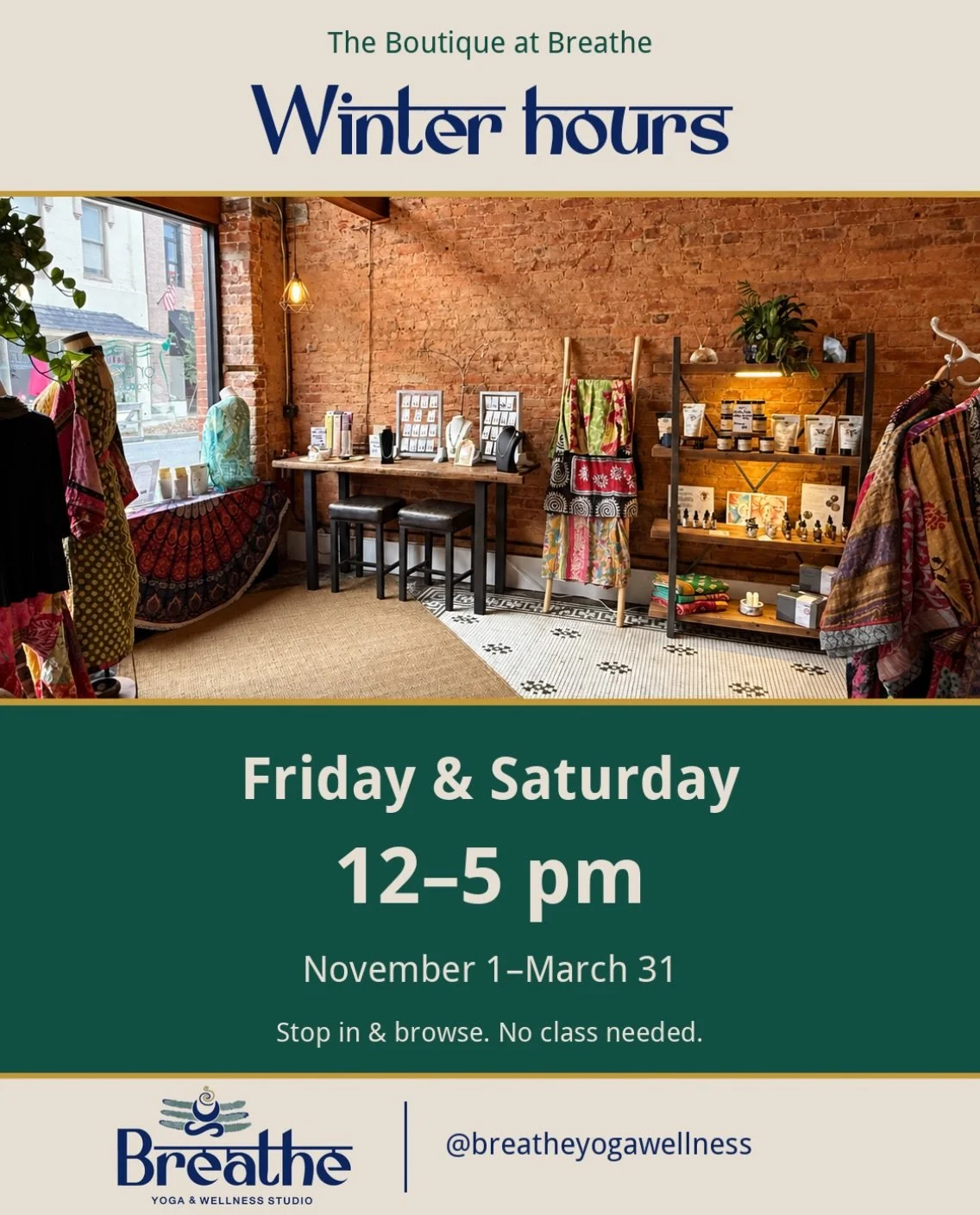 A little shift for the season. 🍂 ❄️ 

Starting November 1, the Boutique at Breathe will be open Fridays and Saturdays, 12&ndash;5 pm, through March 31.

Stop in while you&rsquo;re downtown to browse colorful clothing, jewelry, aromatherapy, and gift
