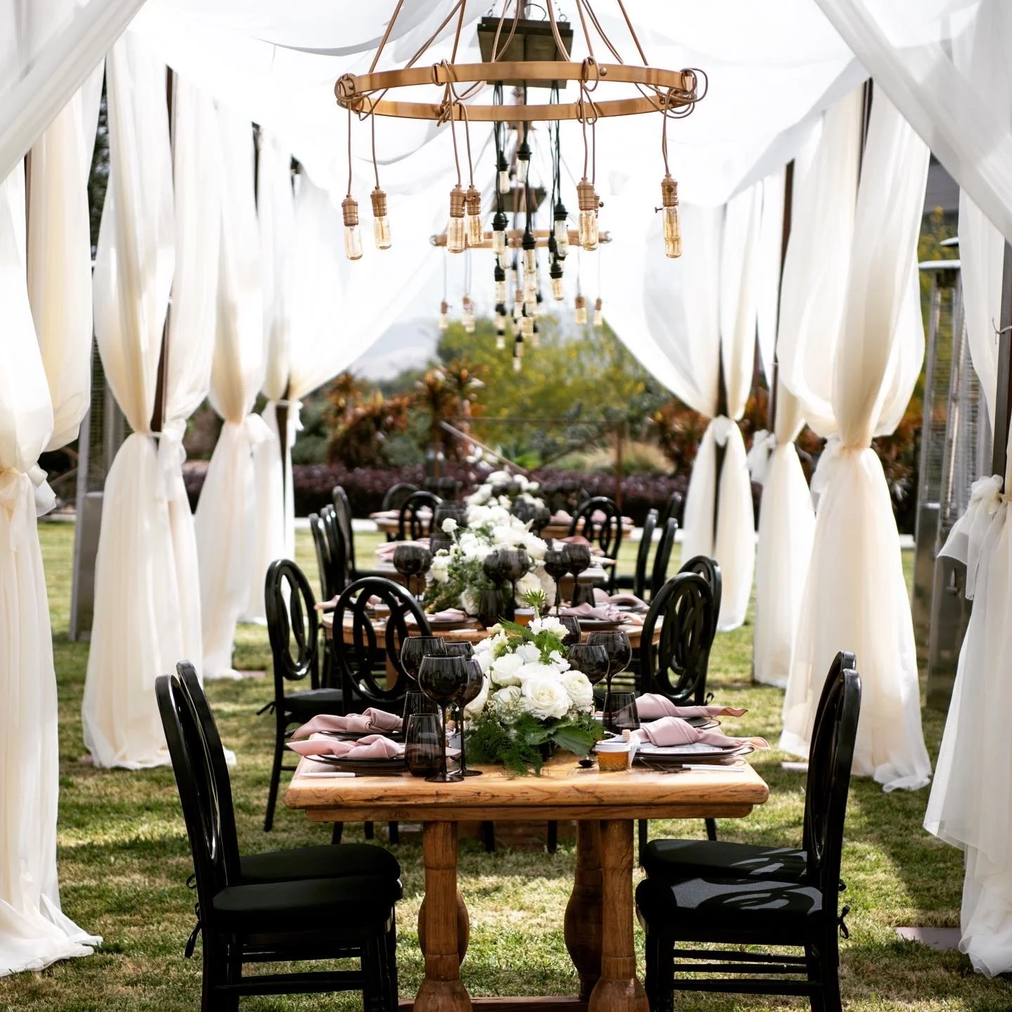 Elegant corporate reception setup under a white draped tent with a long wooden table decorated with white flowers, black chairs, and wine glasses, with a rustic chandelier hanging overhead.