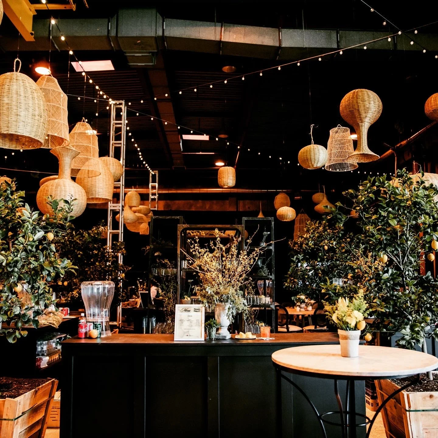 Interior of a warehouse with hanging wicker lamps, plants, and string lights, with a black cabinet and a small round table with a potted plant. Lounge furniture and black bars. 