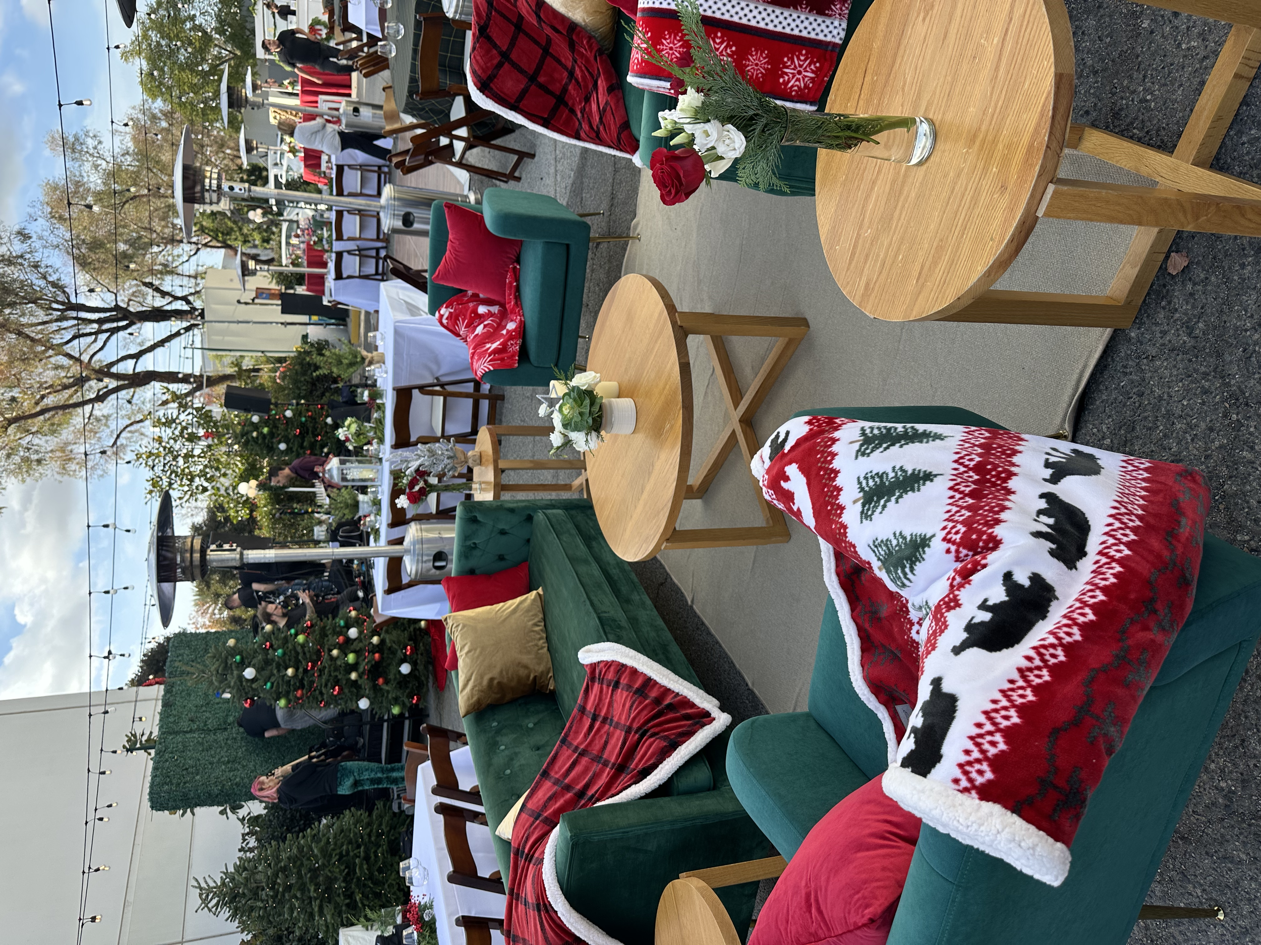 Outdoor patio decorated for Christmas with festive furniture and Christmas trees, some with ornaments, and string lights overhead.