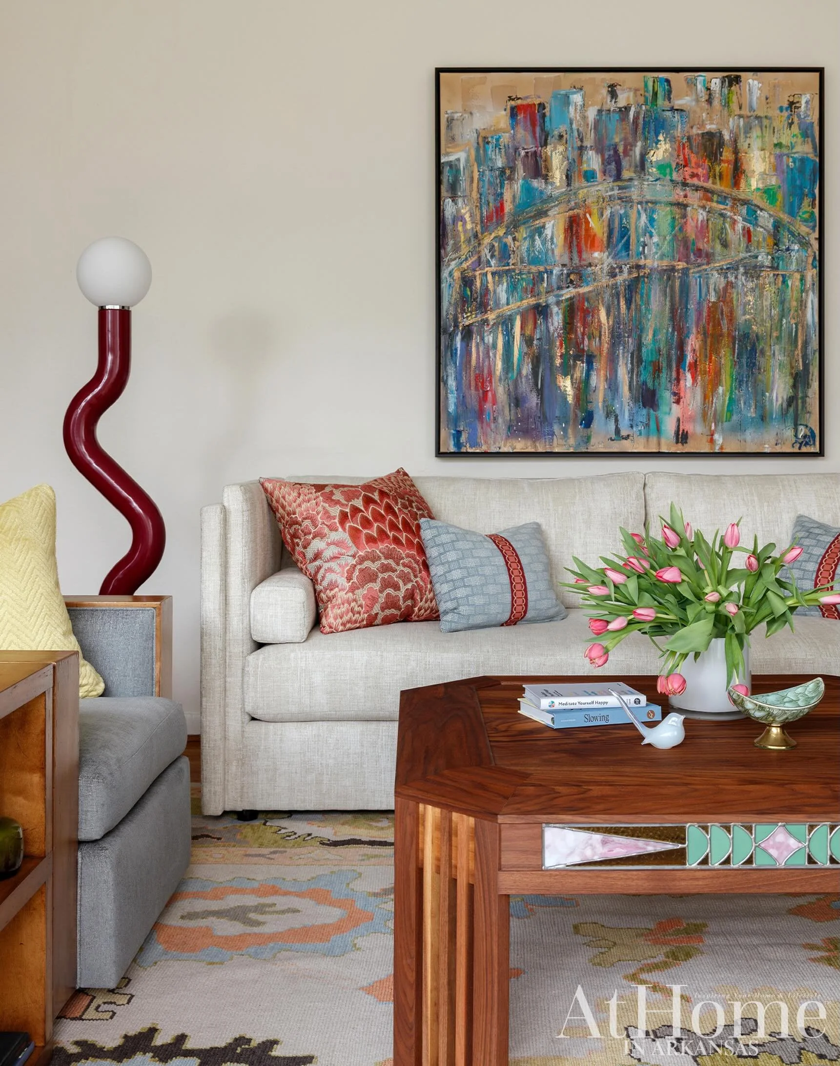This living room has so many things to love. Most of all that a lot of the pieces in it have a great story. The cocktail table is its own piece of art thanks to @h_m_woodworks and @stained.hearts.glassworks. I&rsquo;ll share about the ins and outs of