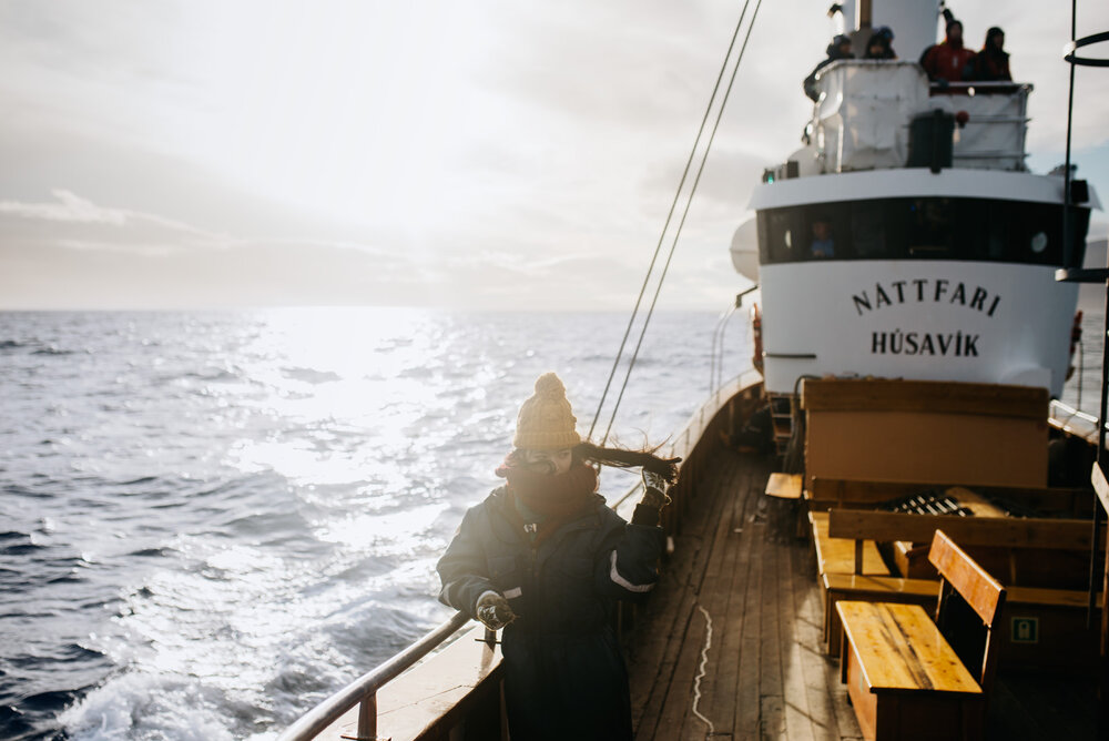  Ảnh chụp trên chuyến tàu buổi sớm đi ngắm cá voi ở vịnh Skjálfandi, gần Husavik, Bắc Iceland. Tên con tàu Nattfari được đặt theo người nô lệ từng thoát khỏi tàu Viking Thụy Điển năm 860 sau Công Nguyên và trở thành người Iceland đầu tiên trong lịch 