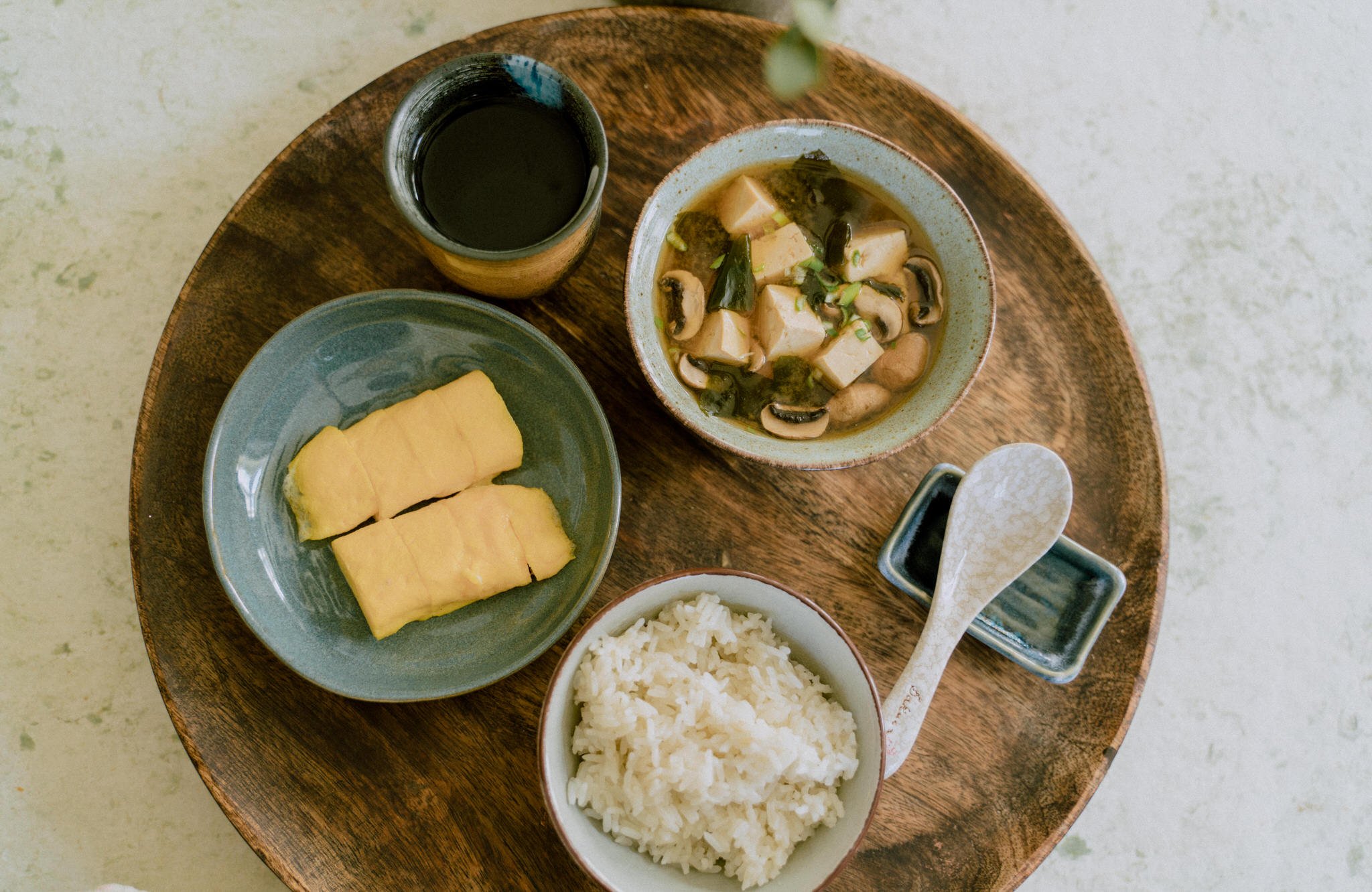 Japanese Breakfast: White Rice, Eggrolls &amp; Tofu Miso Soup.