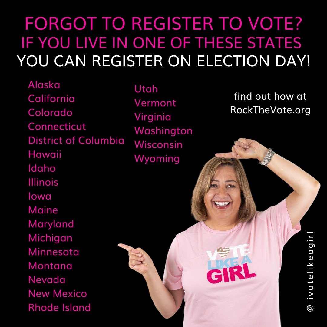Forgot to register? If you're eligible to vote and you live in any of the states listed you can register same day (today, Election Day 2024). Go to RockTheVote.Org to find instructions specific to your state. Link in bio 🔗

Happy Voting everyone! Le