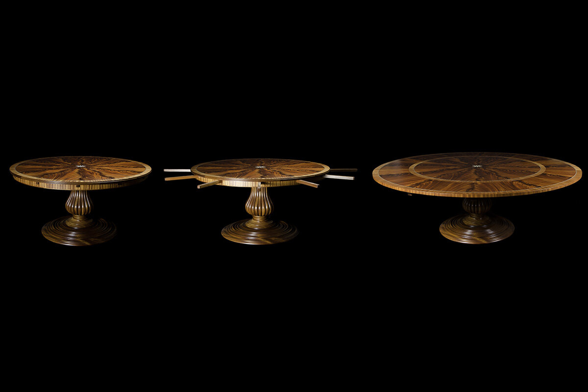   African Mahogany, Sappele Mahogany with Ebony and Holly Inlays,  60" diameter, expands to 88" diameter 
