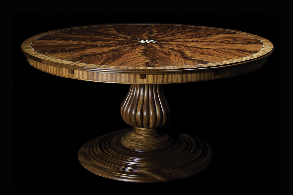   African Mahogany, Sappele Mahogany with Ebony and Holly Inlays,  60" diameter, expands to 88" diameter 