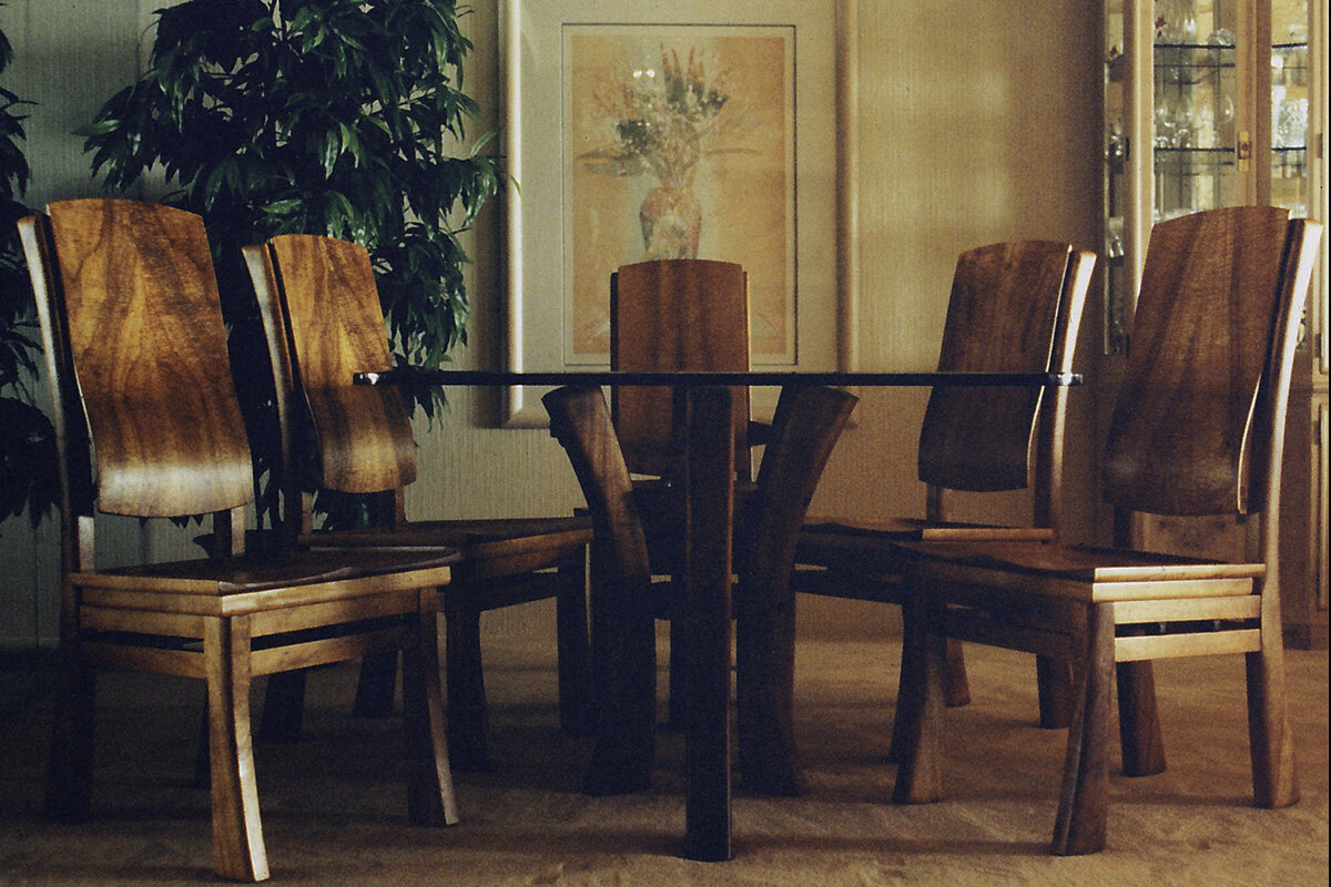  Dining Set Tables and Chairs -  Koa and Ebony with a Glass table top  