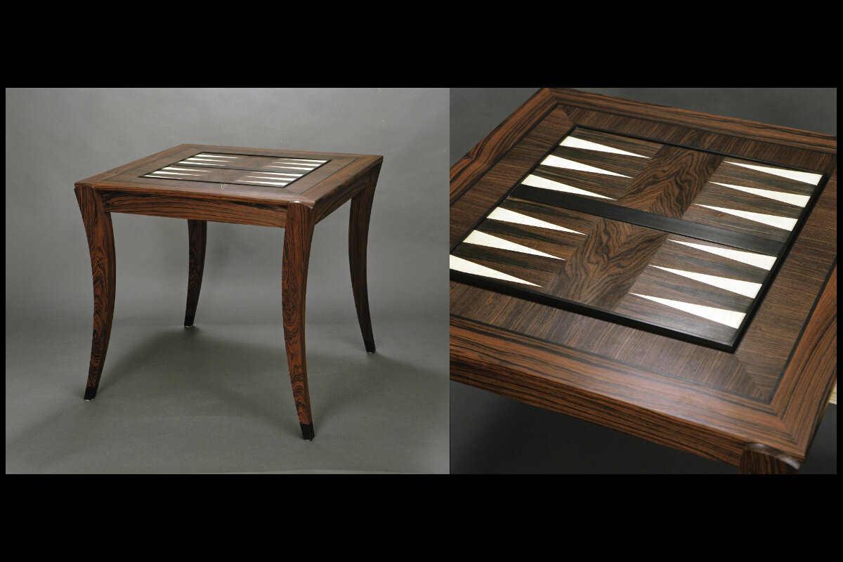  Game Table -  Cocobolo, Ebony and Holly -  Game piece drawer opens, activates lift to allow rotation of game board for backgammon or chess 