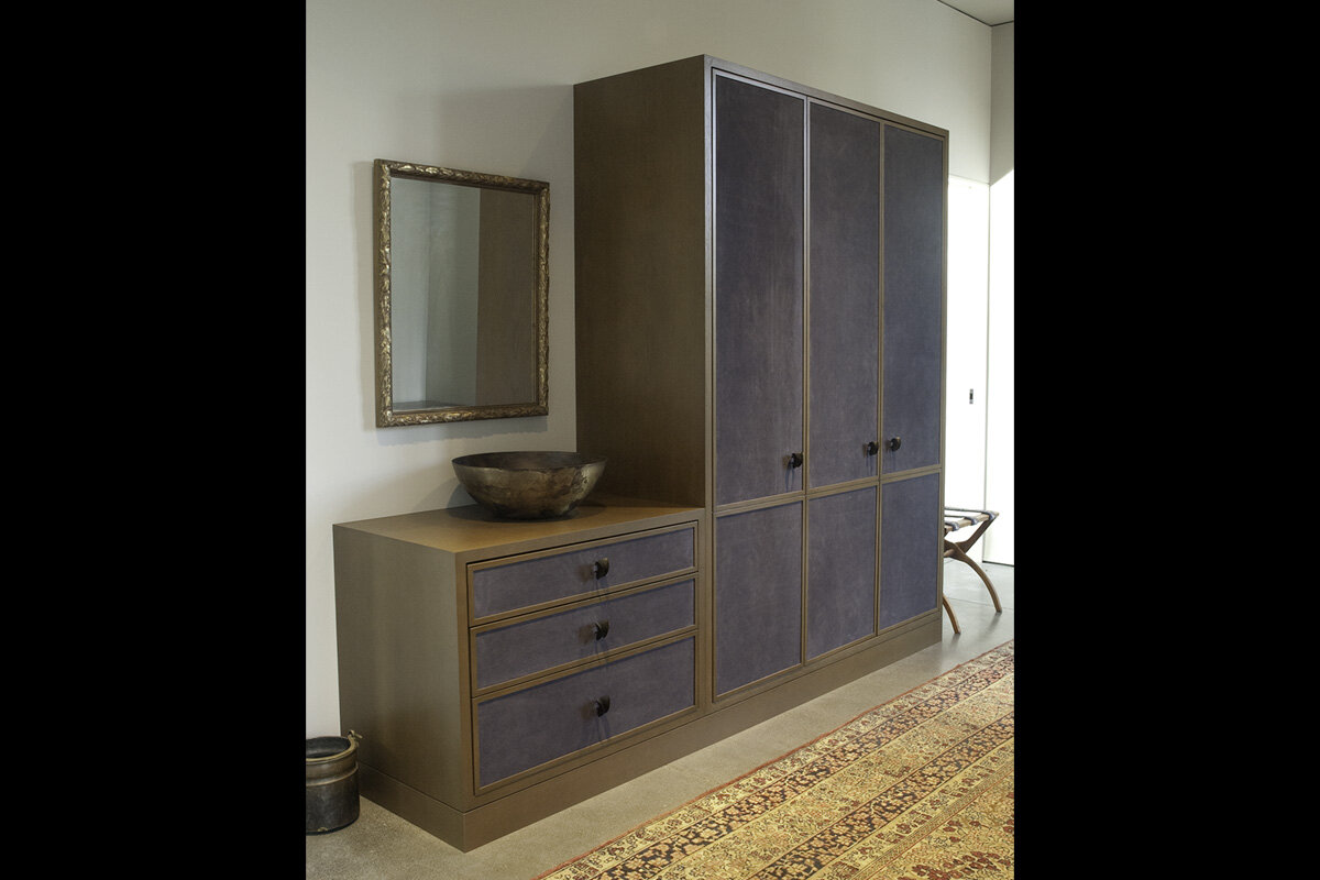  Armoire and attached chest of drawers -  Stained White Oak with dyed Buffalo hide panels  