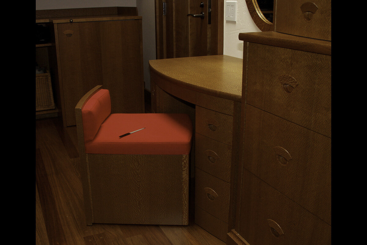  Vanity -  Lacewood with nesting chair containing hidden jewelry box  