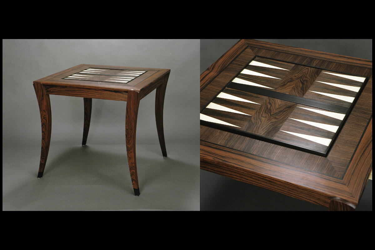  Game Table - Cocobolo, Ebony and Holly  Game piece drawer opens, activates lift to allow rotation of game board for backgammon or chess 