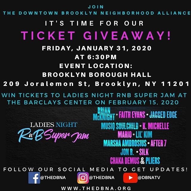 L A D I E S Night is coming to Barclays! Join us at our ticket giveaway for a chance to win! See you then
.
.
.
#barclayscenter
#ladiesnight
#ticketgiveaway
#thedbna
#brooklyn
#brooklynboroughhall 
#wintickets
#nonprofit
#like
#share