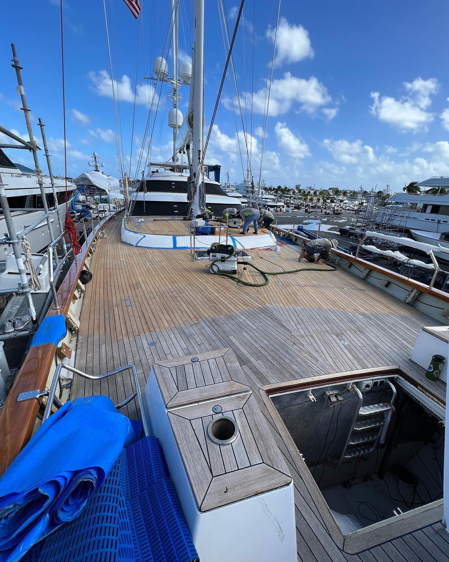 Deck Sanding underway on a beautiful 46m @perininavi #teak #teamteakworks