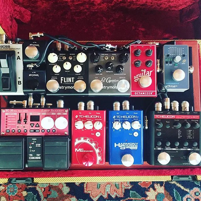 Another photo of my &ldquo;improv live&rdquo; pedal board with two track looper, vocal harmony effects, bass octave pedal, guitar effects and more. This setup enables me to create lush textures and studio post production effects in real time. Shout o