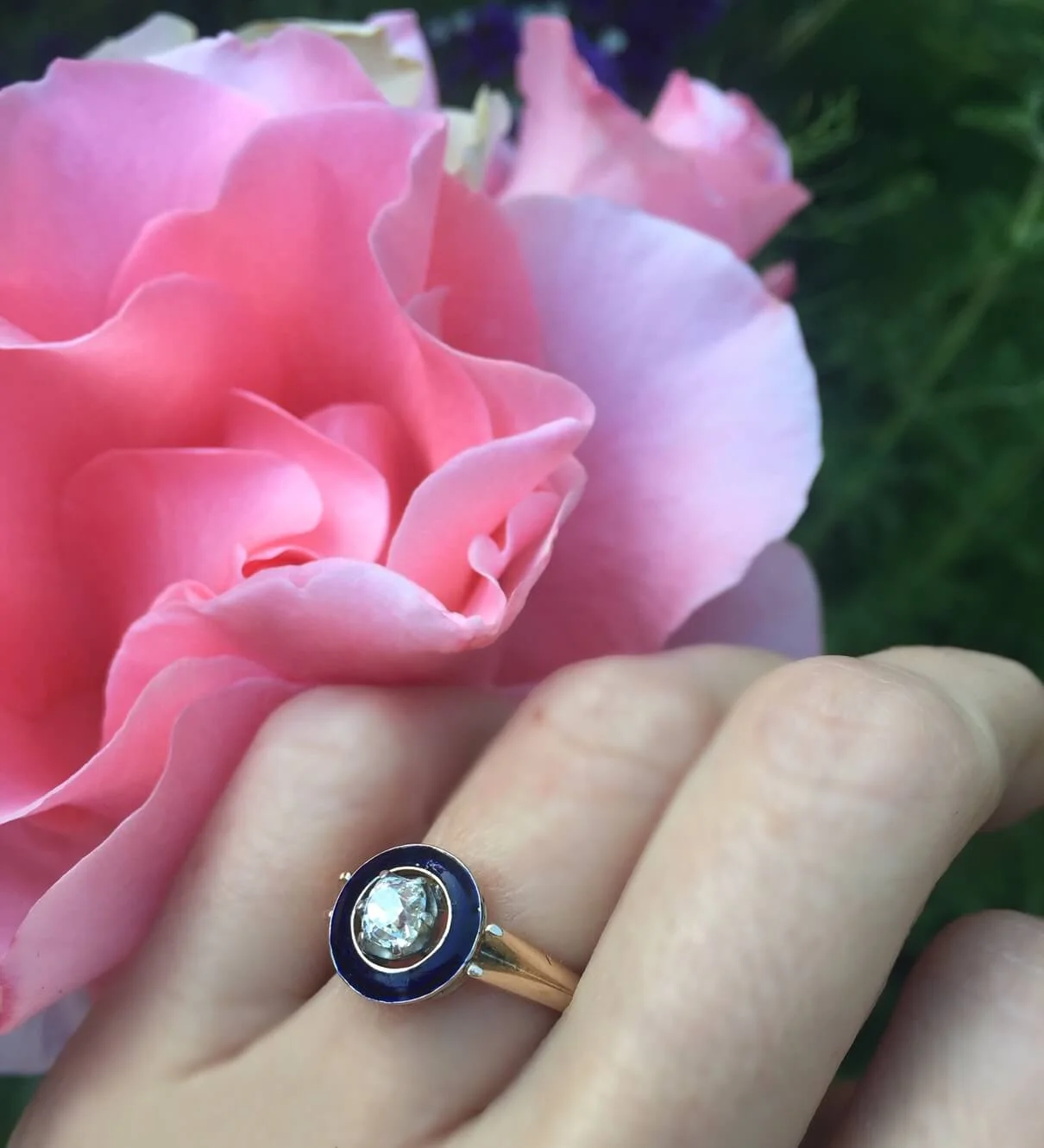 Antique diamond and blue enamel ring