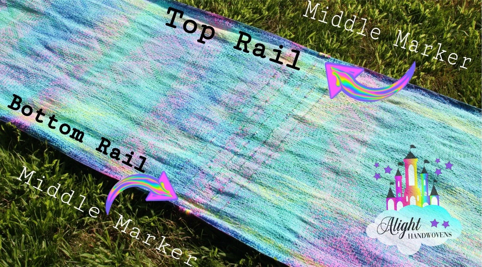 Photo Graphic of Handwoven wrap laid out on the grass. The middle markers and Top and Bottom Rails are labeled.