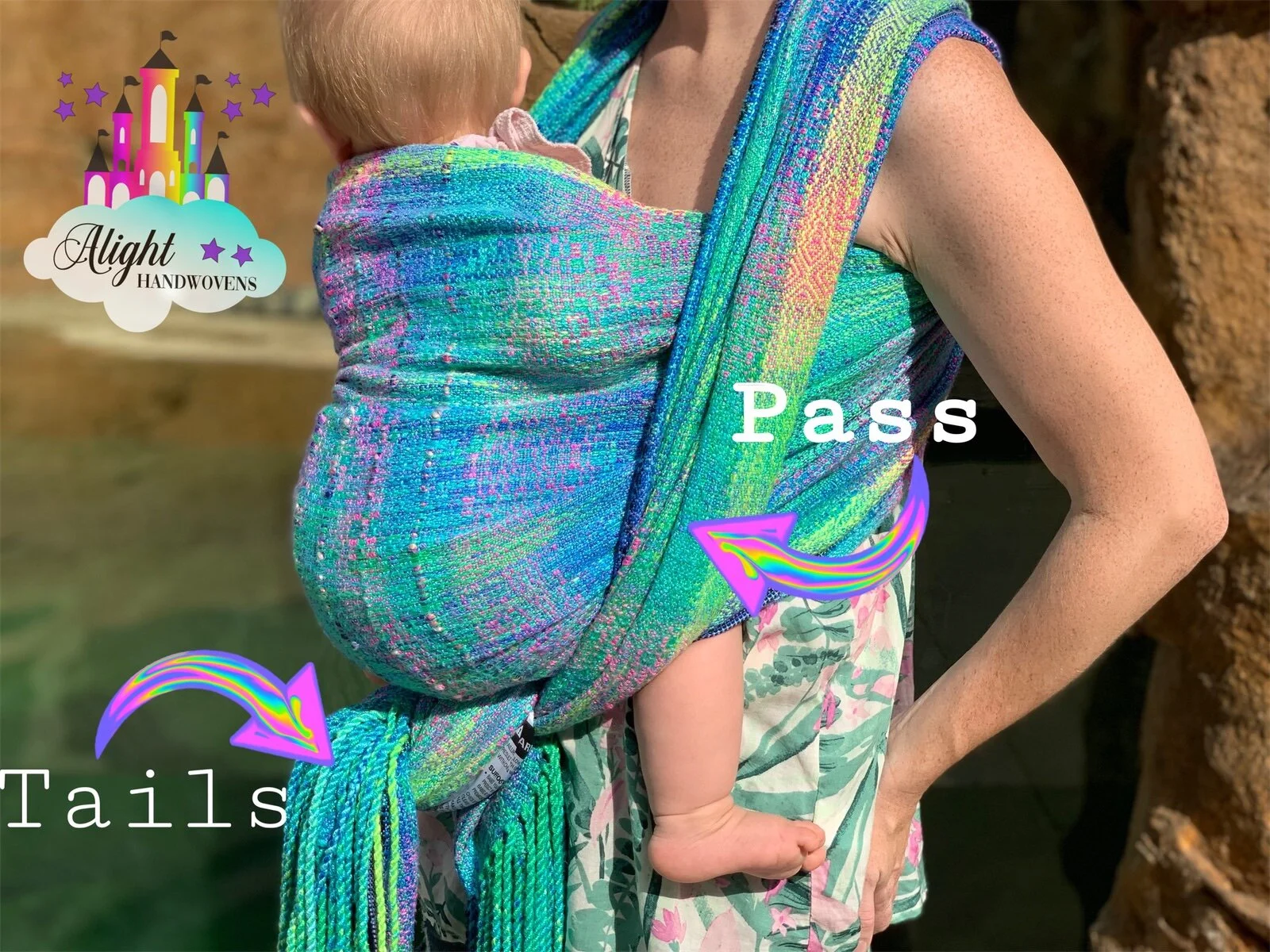 Photo Graphic of Wrap that is tied up in a FWCC tied under bum. The photo is labeled and shows a pass and the tails.