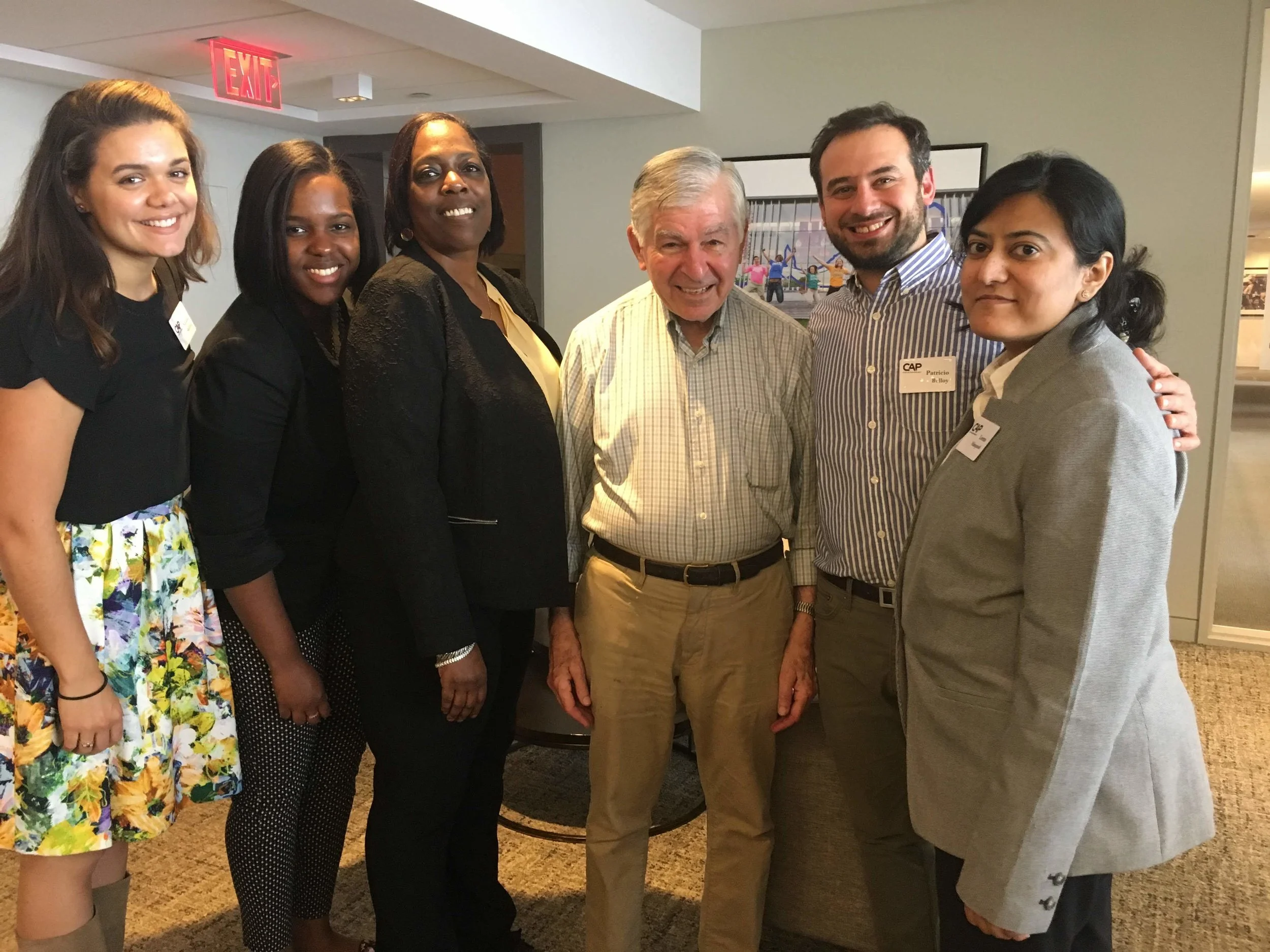 Former Governor and Presidential Candidate Michael Dukakis with UMass Boston Fellows, (from Left) Natalie Shellito, Rachelle Jeanty, Esther Rogers, Patricio Belloy and Lena Masqood on June 5th