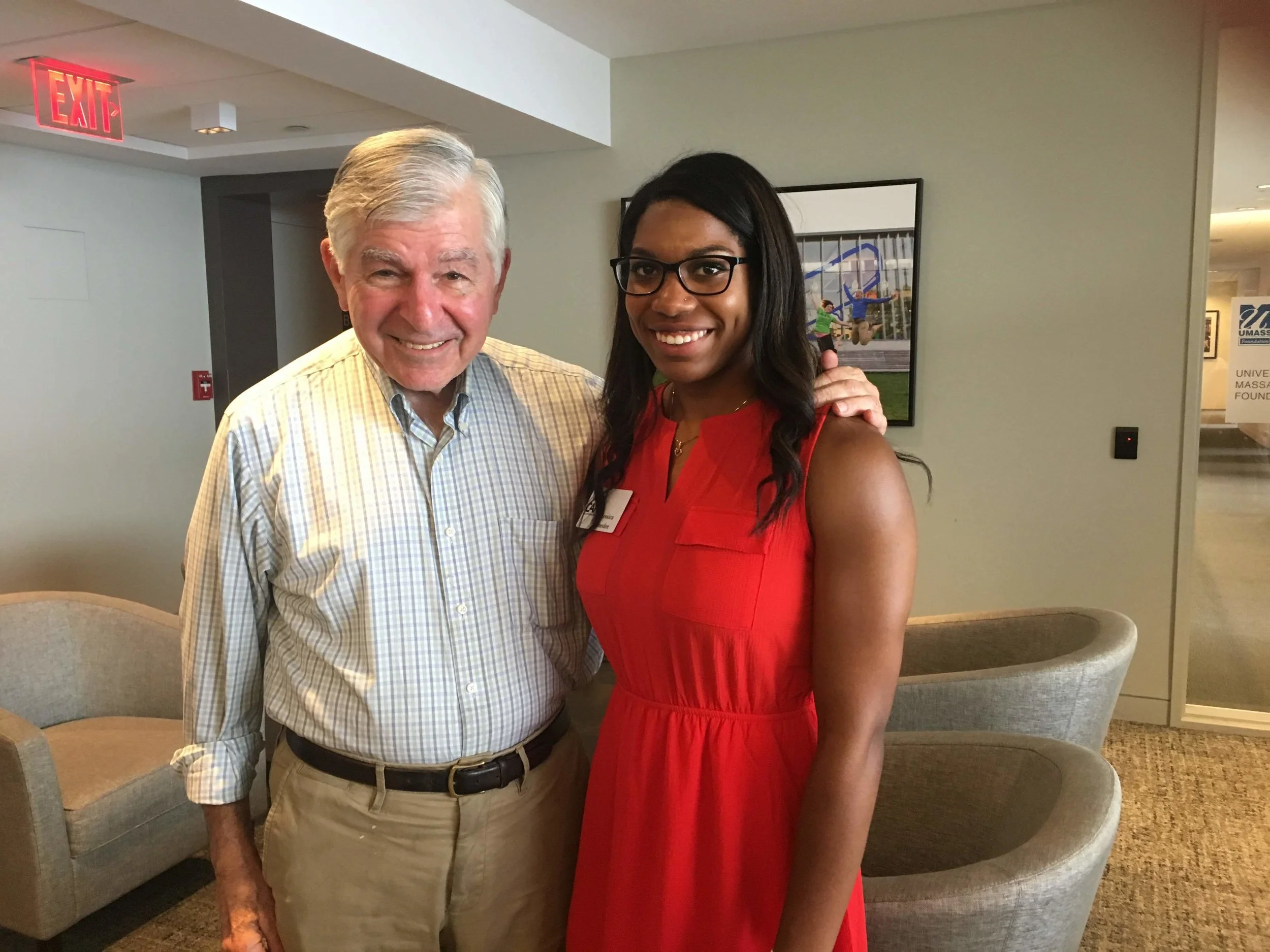 Former Governor and Presidential Candidate Michael Dukakis with UMass Lowell Fellow, Jessica Amedee on June 5th