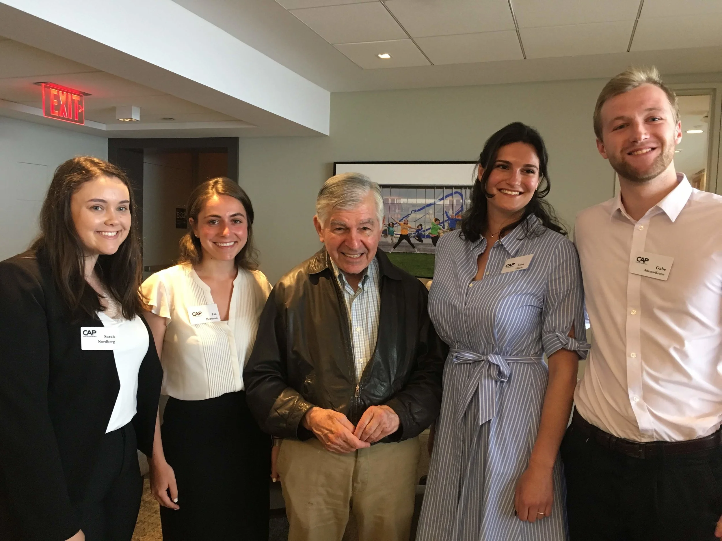 Former Governor and Presidential Candidate Michael Dukakis with UMass Amherst Fellows, (from left) Sarah Nordberg, Liz Berman, Gina Vitale, and Gabe Adams-Keane on June 5th.