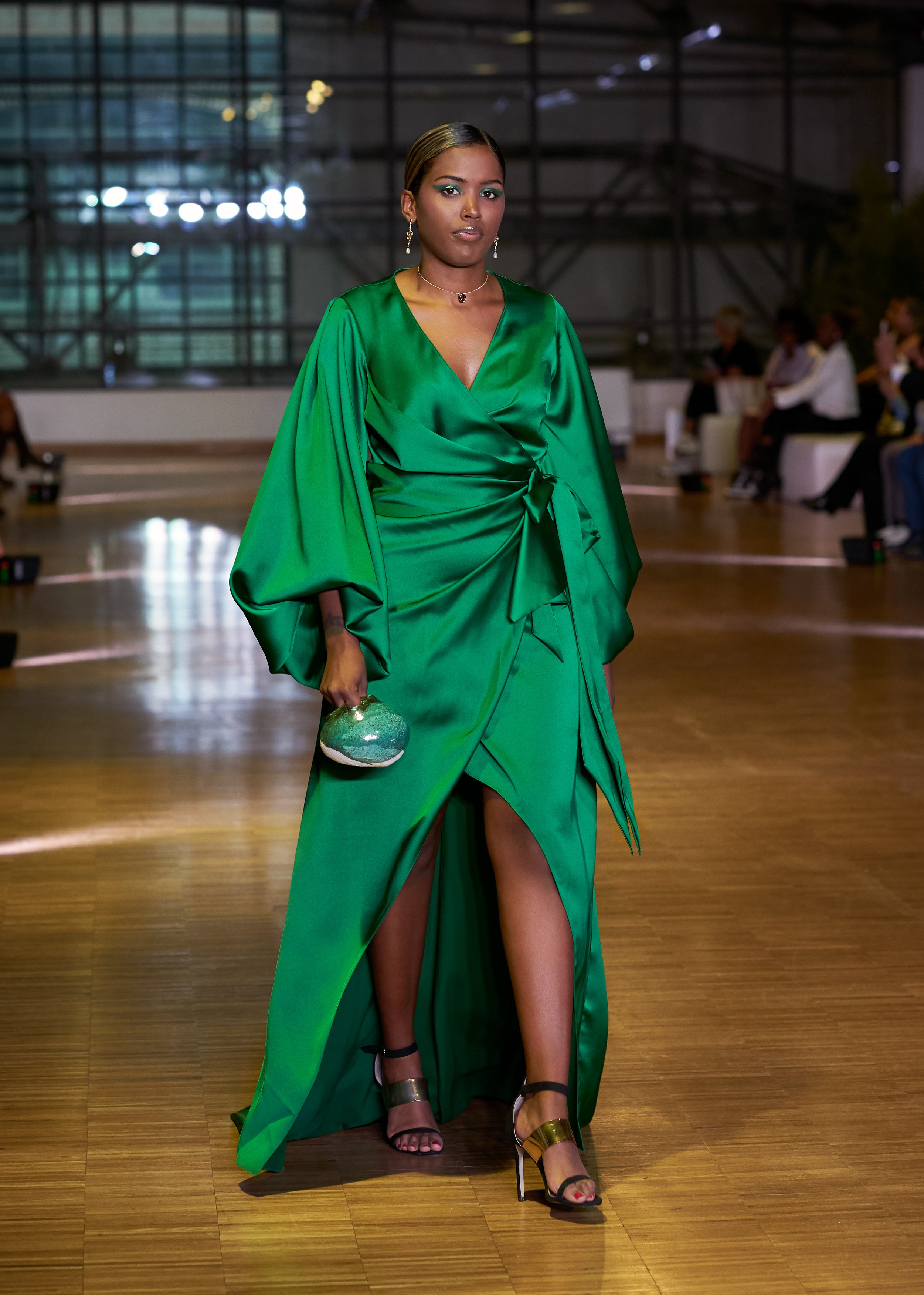 Oversized Sleeve Draped Wrap Gown with Front Slit
