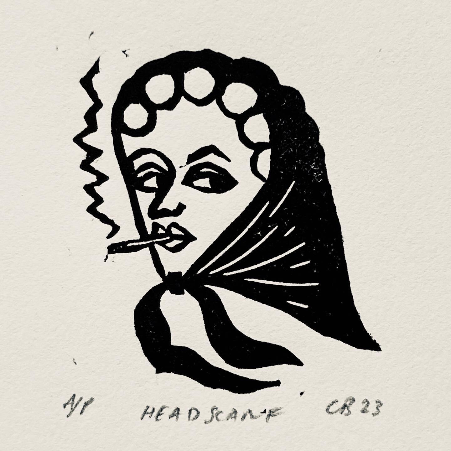Friday Feeling ! 🚬🫦HEADSCARF 🫦🚬 Linocut by the brilliant @christopherbrownlino . 🚬Image Size: 5 x 5 🚬Paper Size: 9 x 13 🚬Unframed Artists Proof 🚬Available &pound;35.00 including UK postage. 🚬 #headscarf #scarf #headscarfforharmony #headscarf