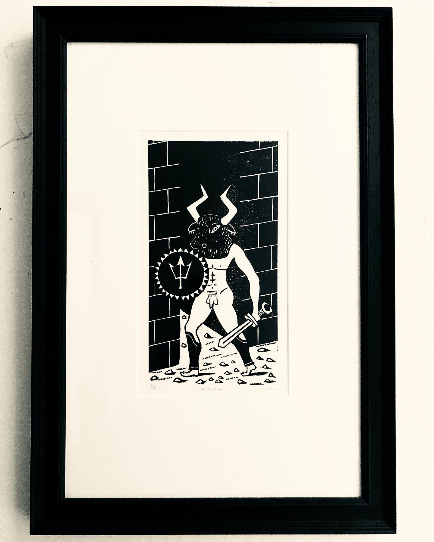 🗡️M I N O T A U R 🗡️ Framed Linocut by @christopherbrownlino 🗡️ On the wall at our Exhibition Meet the Georgians and Others in Chelsea 🗡️ Open 11-7 until 21 May 🗡️#minotaur #Minotaur #christopherbrownlino #linocut #lincutprint #framedlinocut #pa