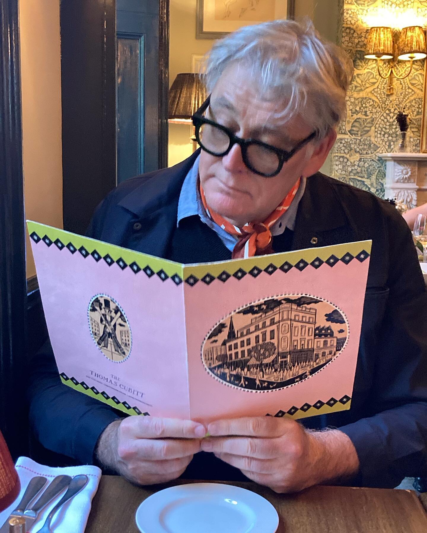 Fabulous dinner @thethomascubitt in Elizabeth Street @christopherbrownlino last night . He is looking at the beautiful Menu with his Linocut on the Cover. #thethomascubitt #elizabethstreet #menucover #christopherbrownlino #linocutdesign #beautifulmen