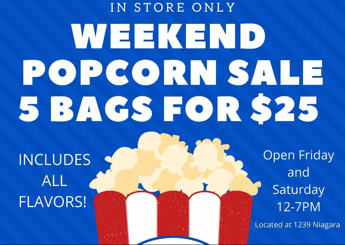 This weekend only! 🚨🍿 Purchase any 5 bags for $25! 👉 IN-STORE ONLY Open Friday and Saturday 12-7pm!

Try our new BBQ Salt &amp; Vinegar flavor - it&rsquo;s delicious! 🔥 

#weekendsale #popcorndeal #popcornlovers #popcorn #buffalo #sale #billsmafi