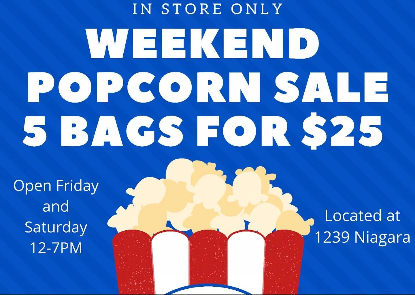 We are extending our sale this weekend! 🍿🍿🍿🍿🍿

Any 5 bags for $25! Come in today or tomorrow 12-7pm! (Sale does not include our new flavor chocolate and peanut kettle) 

Have a great weekend everyone! 😎