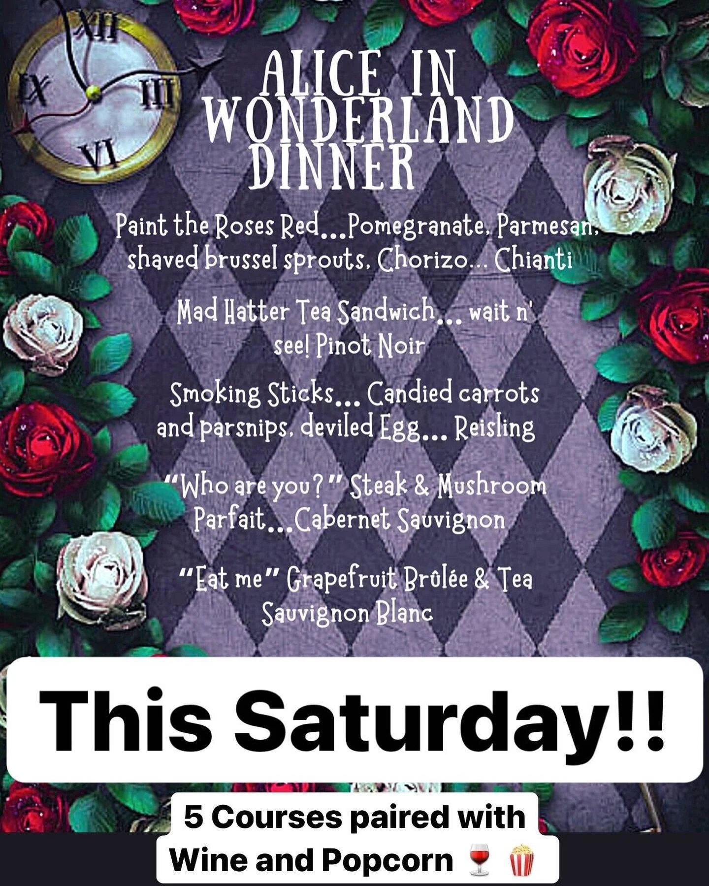 Guess what?! We have two tickets left to the Alice and Wonderland Dinner!! Each course is paired with Wine &amp; Popcorn! We will have special prizes and everyone can come dressed in theme! 🍷 🍿 

Message us to reserve your spot for this Saturday! ?