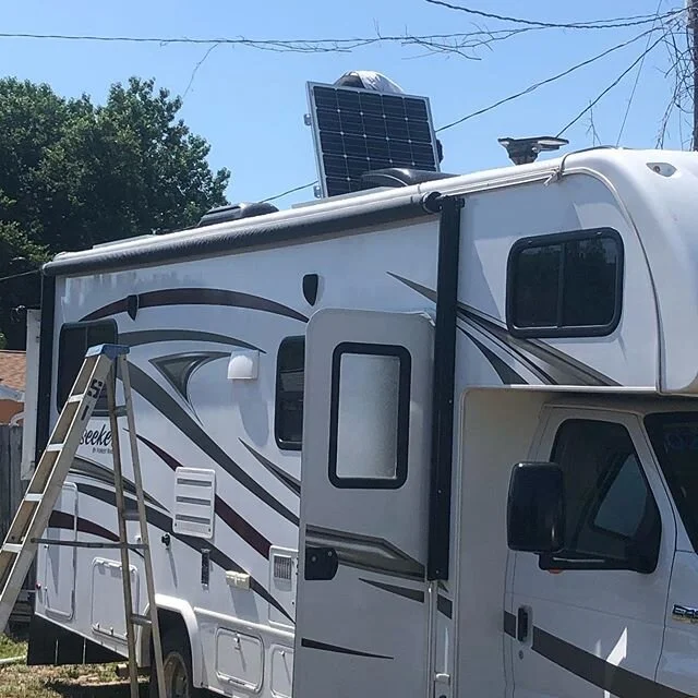 We are now solar equipped! With a free and renewable way to charge our house batteries, we don&rsquo;t need campgrounds or RV parks with hookups and can stay anywhere there&rsquo;s sun. We have four panels on the roof and one ground deploy panel for 