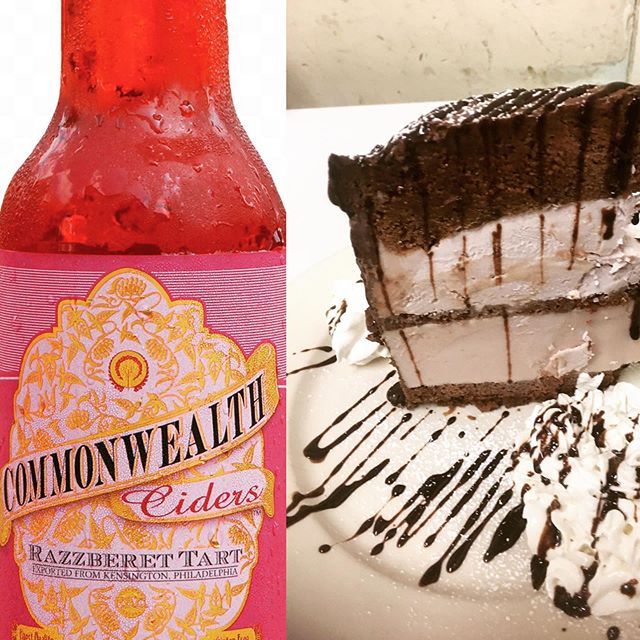 Vegan Ice Cream Cake made with #Commonwealthciders Razzberet ! Chocolate raspberry cake, raspberry whipped filling, Razzberet Ice Cream, Chocolate Ganache Icing served with vegan whipped cream #icecream #craftbeer #commonwealthciders #philadelphiabre