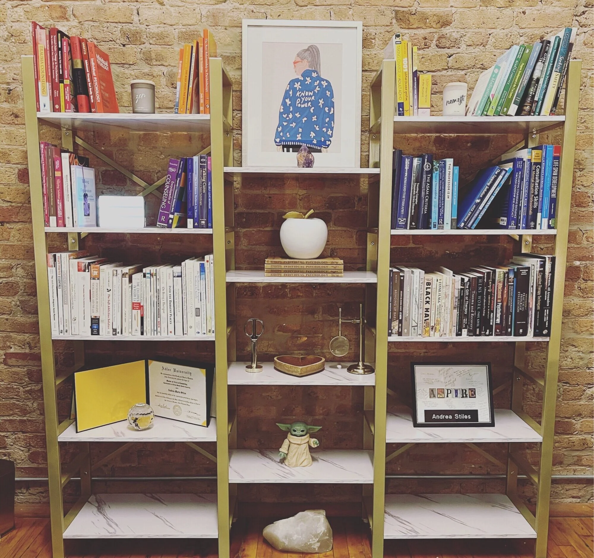 Image of Dr. Stiles bookshelf at the time of her dissertation interviews, in the midst of the pandemic. The bookshelf is organized by color starting with red and orange in the lefthand corner and yellow and green in the righthand corner top shelf.