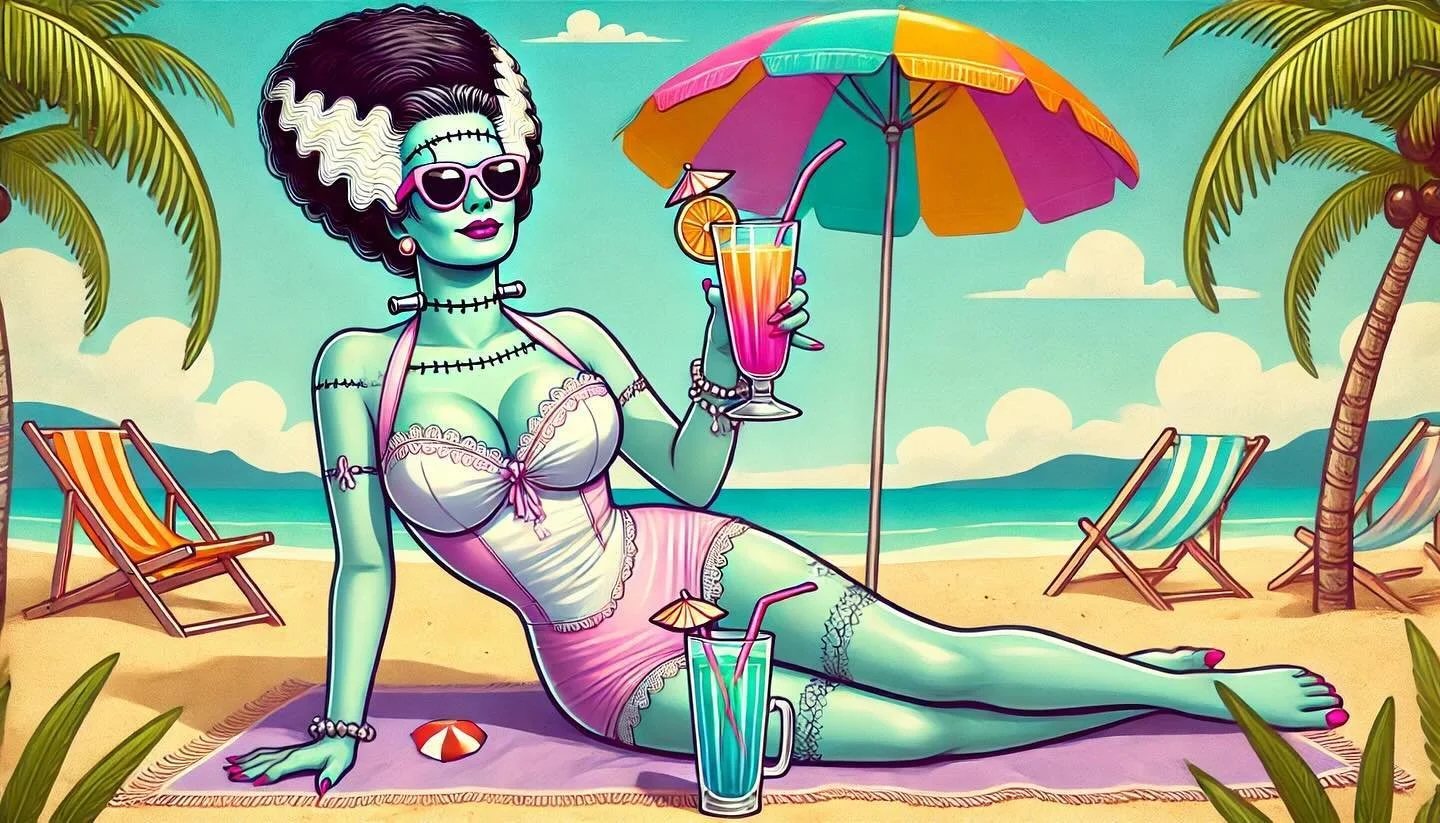 summertime and the livin&rsquo;s easy 

#summertime #brideoffrankenstein #frankenstein #halloween #summer #aiart #bettiesandmonsters