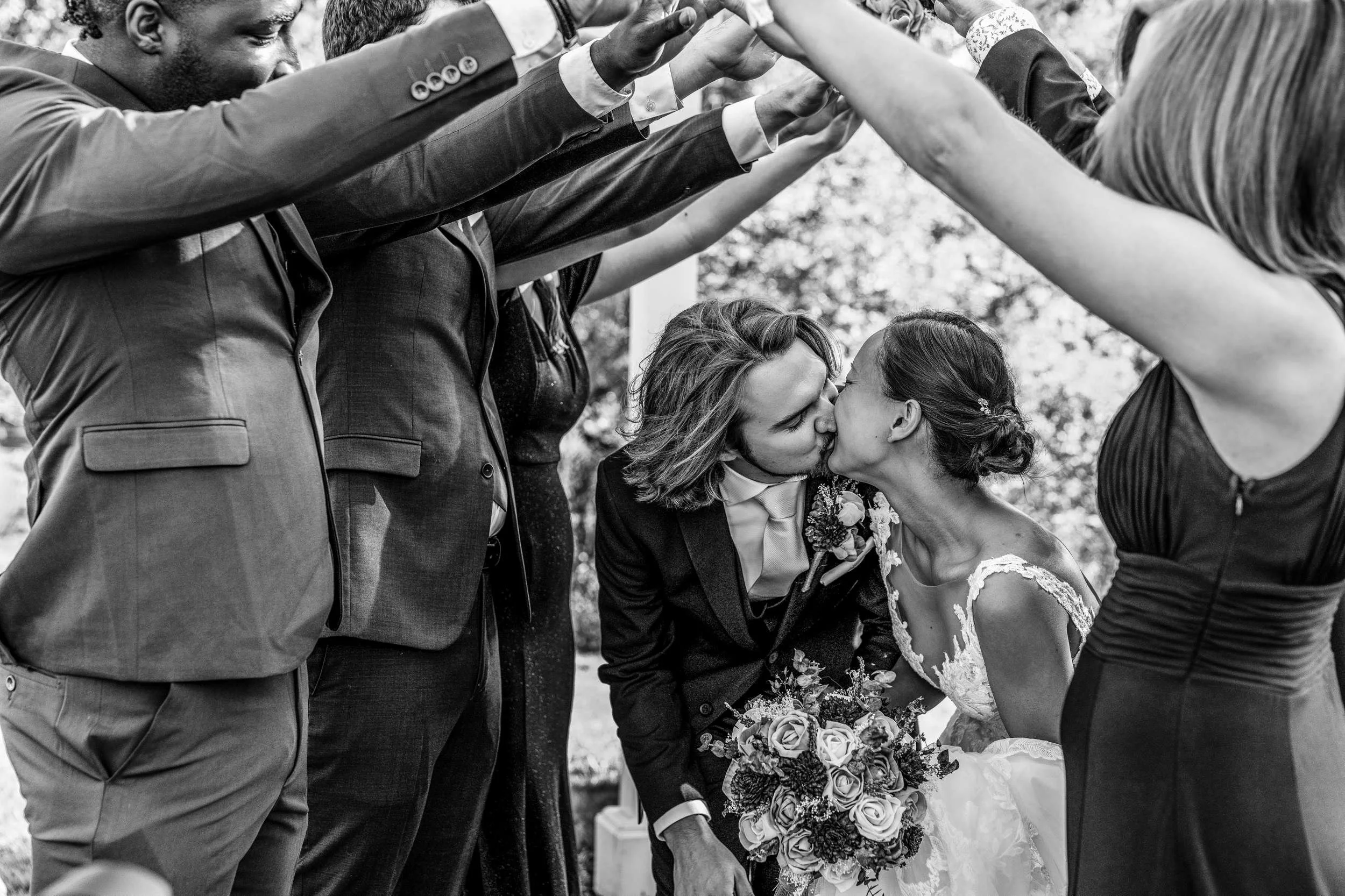 Wedding Party Walking Portrait Hidden Creek Estate in Black and White