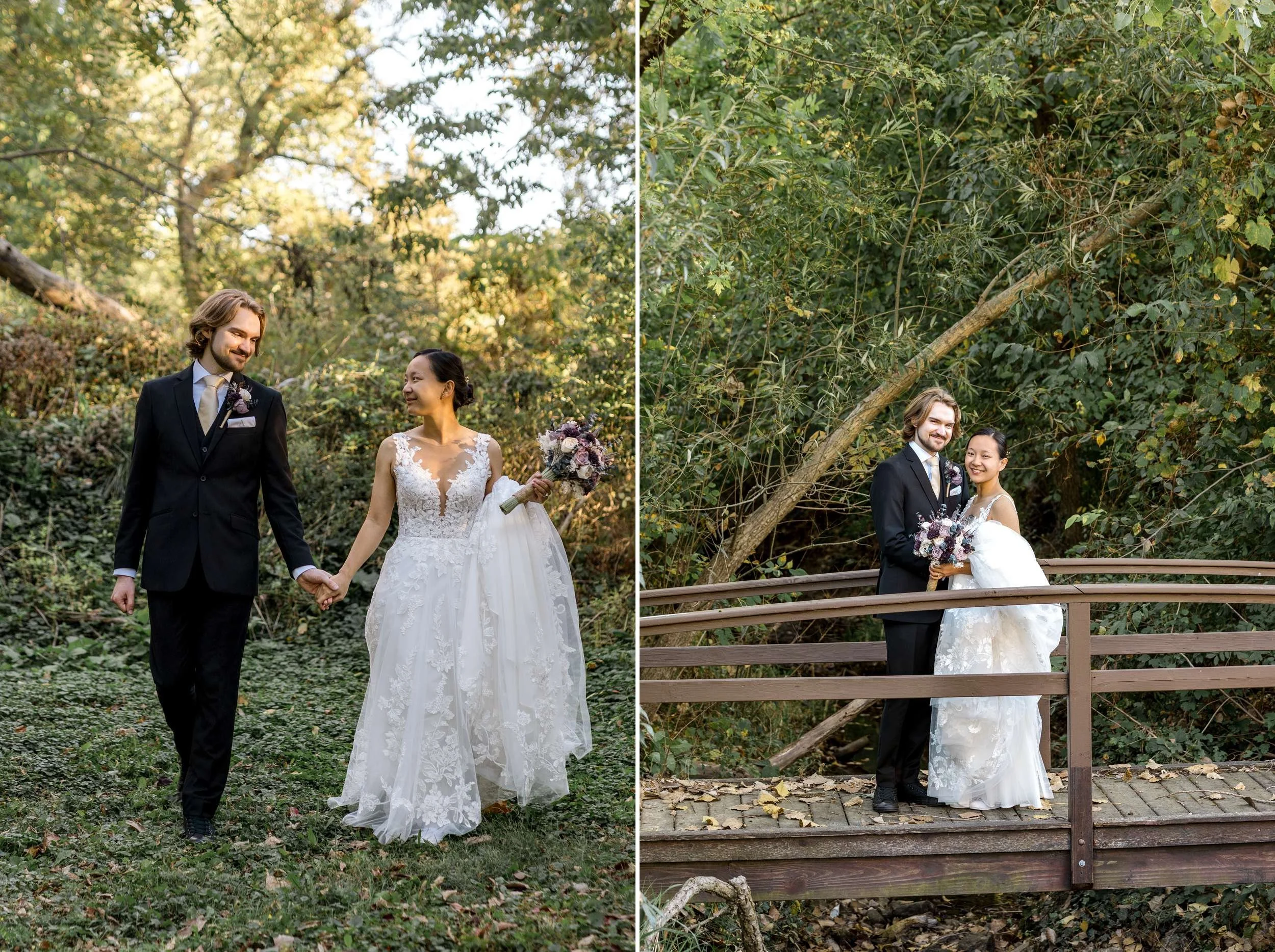 Couple Walking Through Trees Hidden Creek Estate
