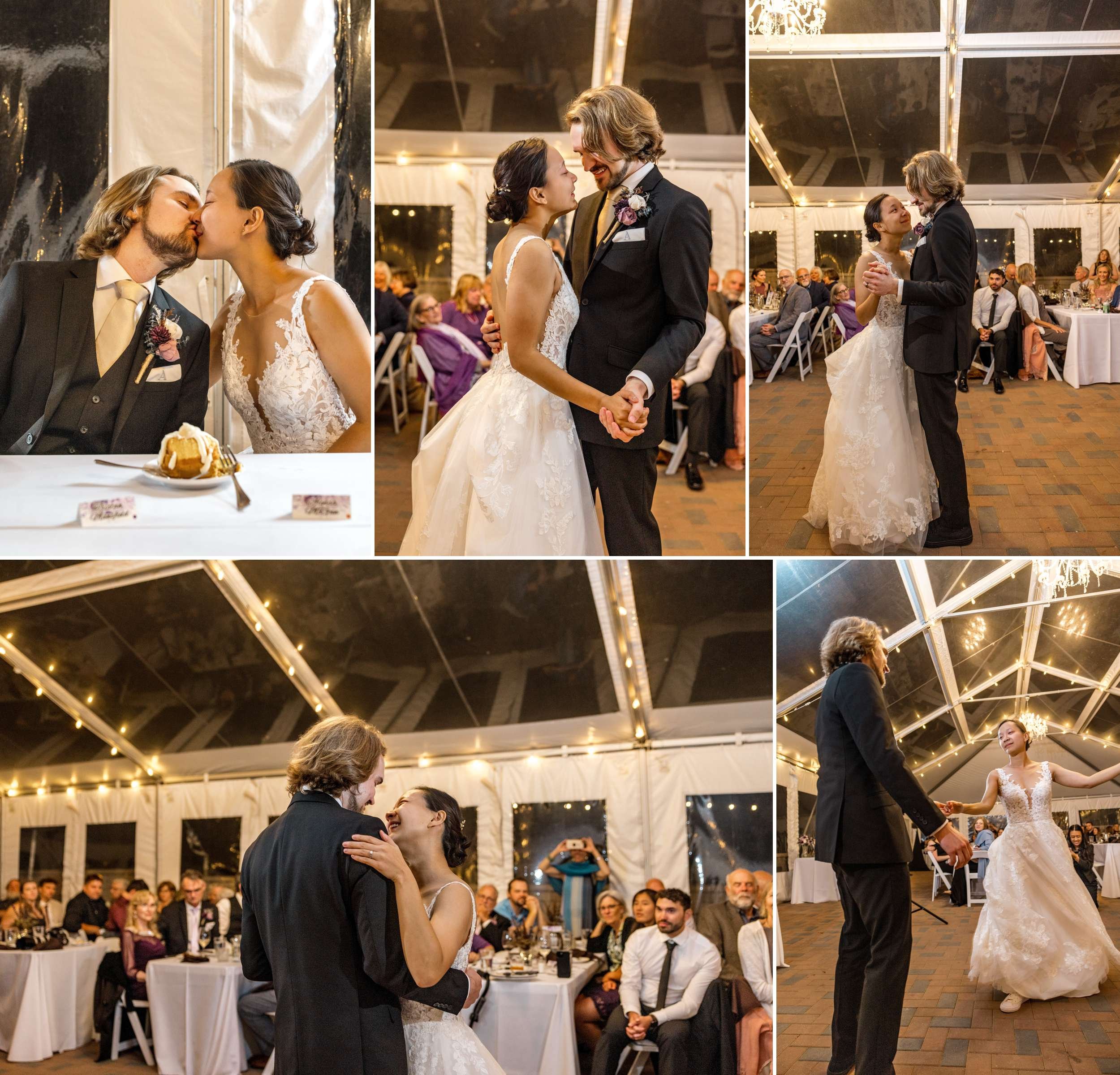 Couple Sneaking Away Sunset Wedding Portrait