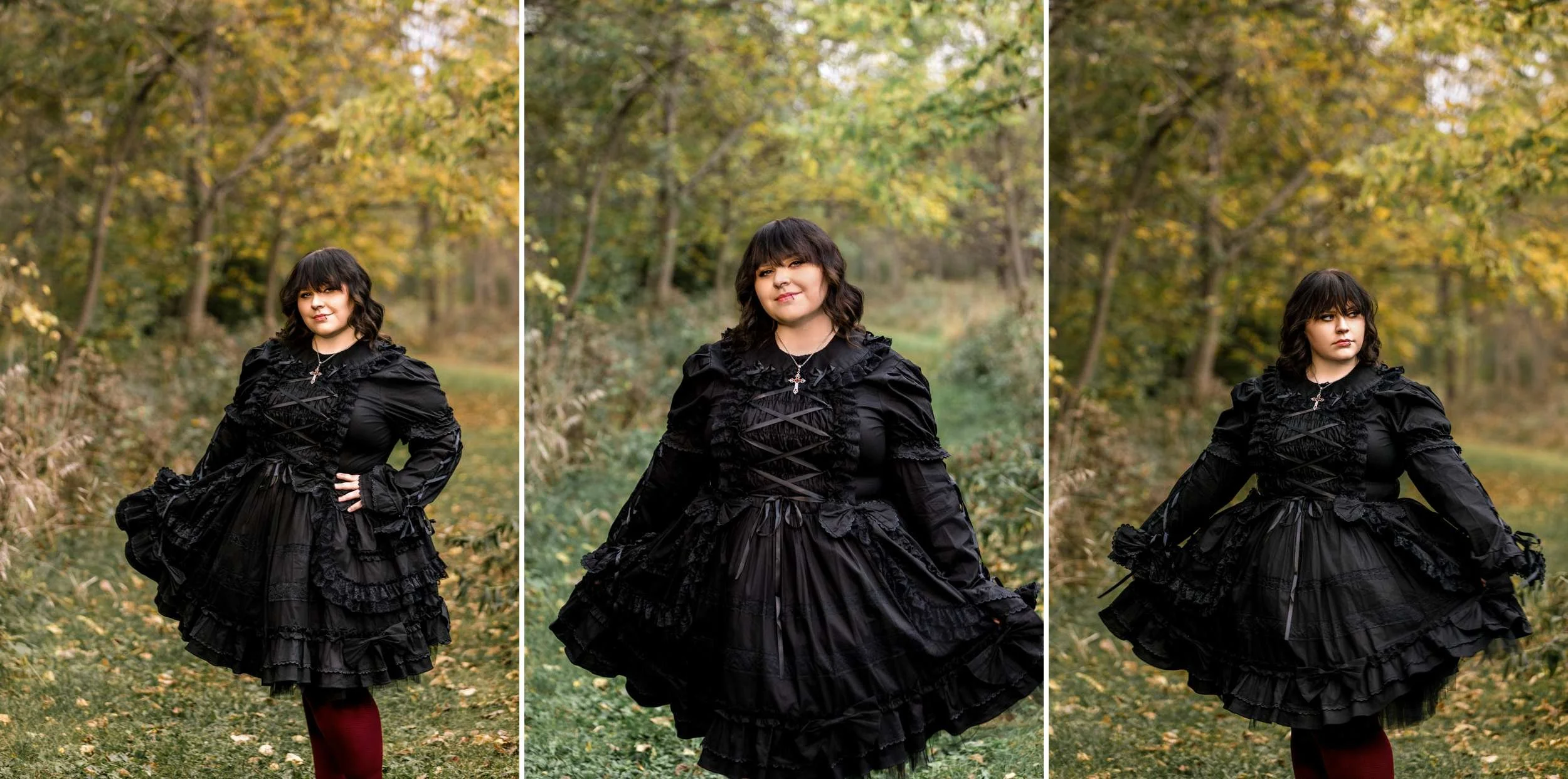 Senior girl in Gothic Lolita outfit with dark tones lace and elegant styling photographed in Madison Wisconsin