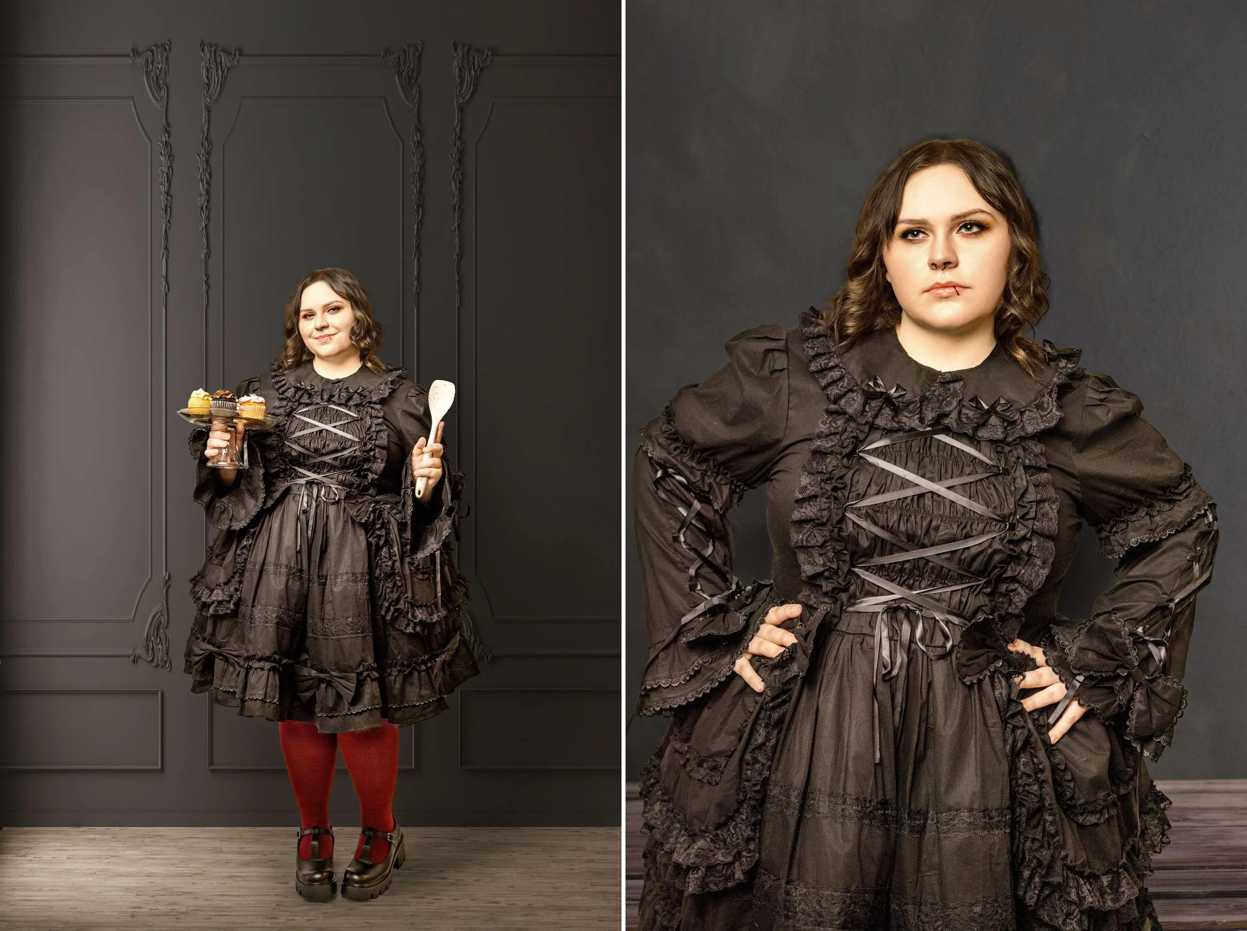 Artistic senior portrait featuring Gothic Lolita fashion with dramatic lighting and editorial styling