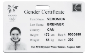  1998, Veronica Brenner: The Canadian skier’s “femininity card” which certifies her XX chromosomes 
