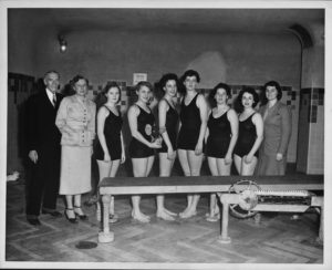  Ester Foley, NYU Head Coach, and her female swim team in the 1950s. You still couldn’t swim during your ‘special time of the month’, but women like Ester helped turn the tide in establishing true competitive female teams. 