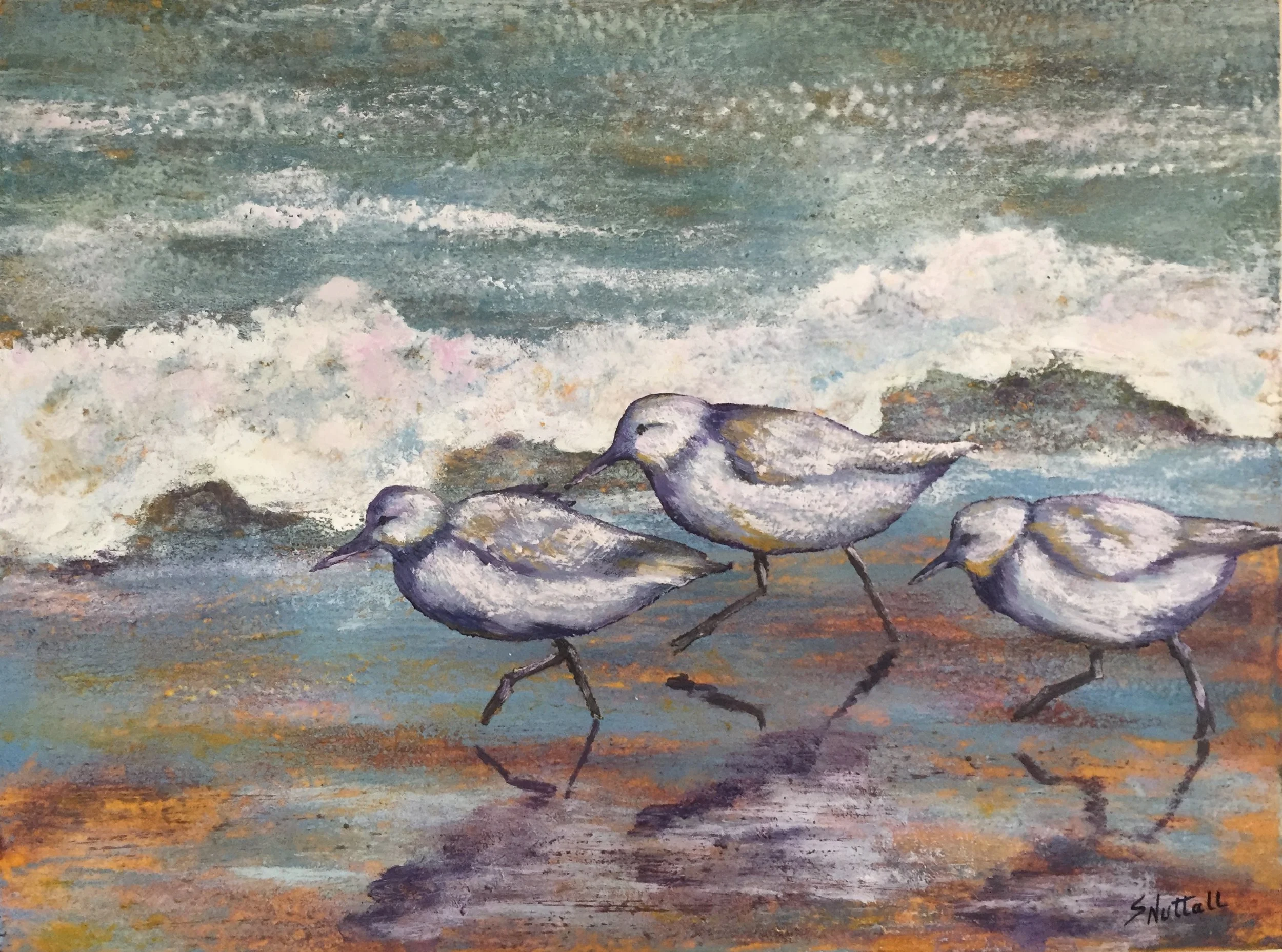 Three small, round, snowy white birds with thin, long legs run to viewer’s left on wet, reflective sand highlighted in gold & cerulean. A frothy wave breaks on the shore in the near background.