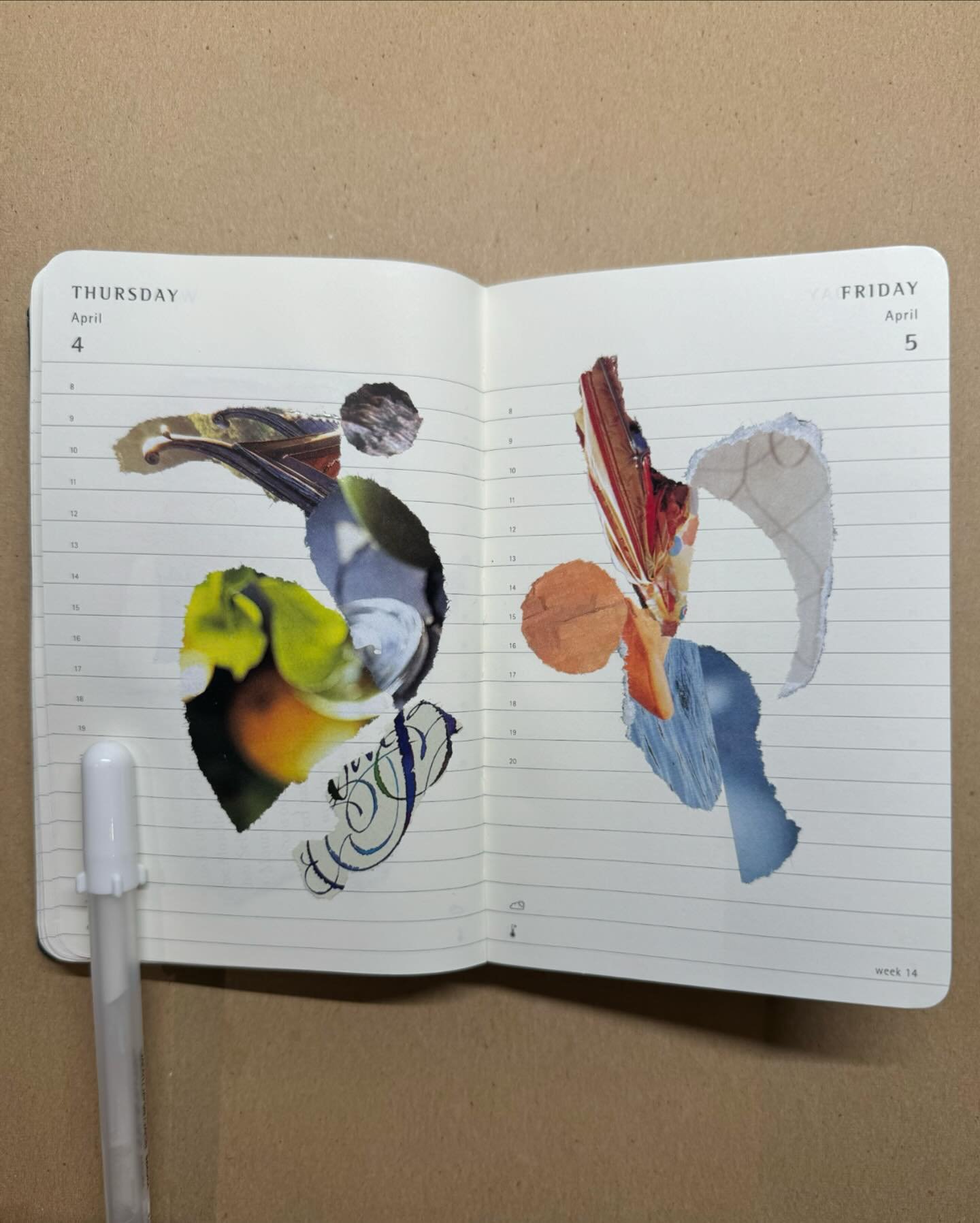 And there&rsquo;s more: the latest set of two-page spreads from the 2024 collage diary. I&rsquo;m continuing the practice of making a small collage in a diary every day, then posting it to my Instagram story. I think of each page as its own compositi
