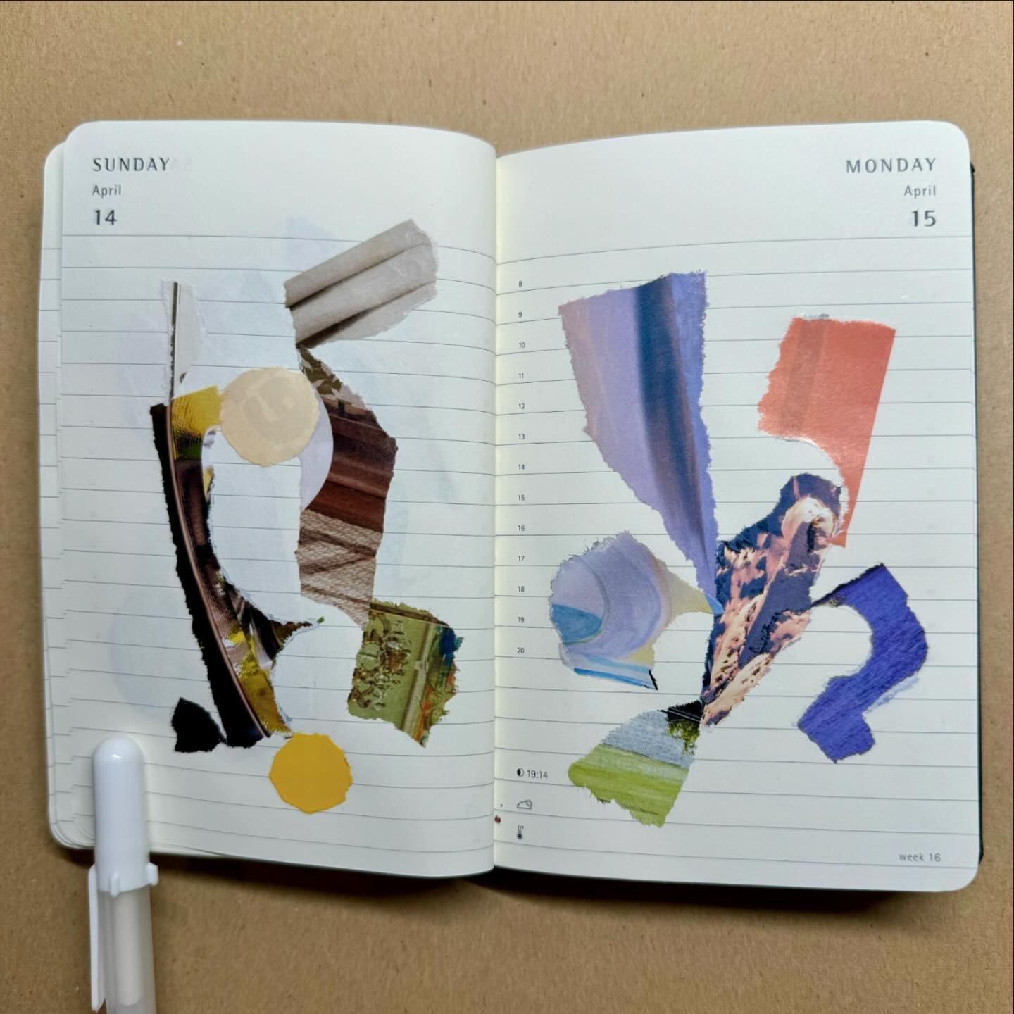 Another batch&hellip; the latest set of two-page spreads from the 2024 collage diary. I&rsquo;m continuing the practice of making a small collage in a diary every day, then posting it to my Instagram story. I think of each page as its own composition