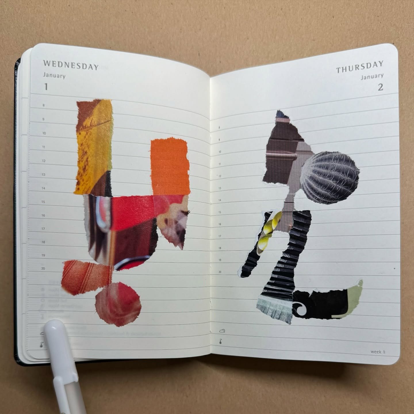 The first series of two-page spreads from my 2025 collage diary. I&rsquo;m continuing the practice of making a small collage in a diary every day, then posting it to my Instagram story. I think of each page as its own composition but the spreads have