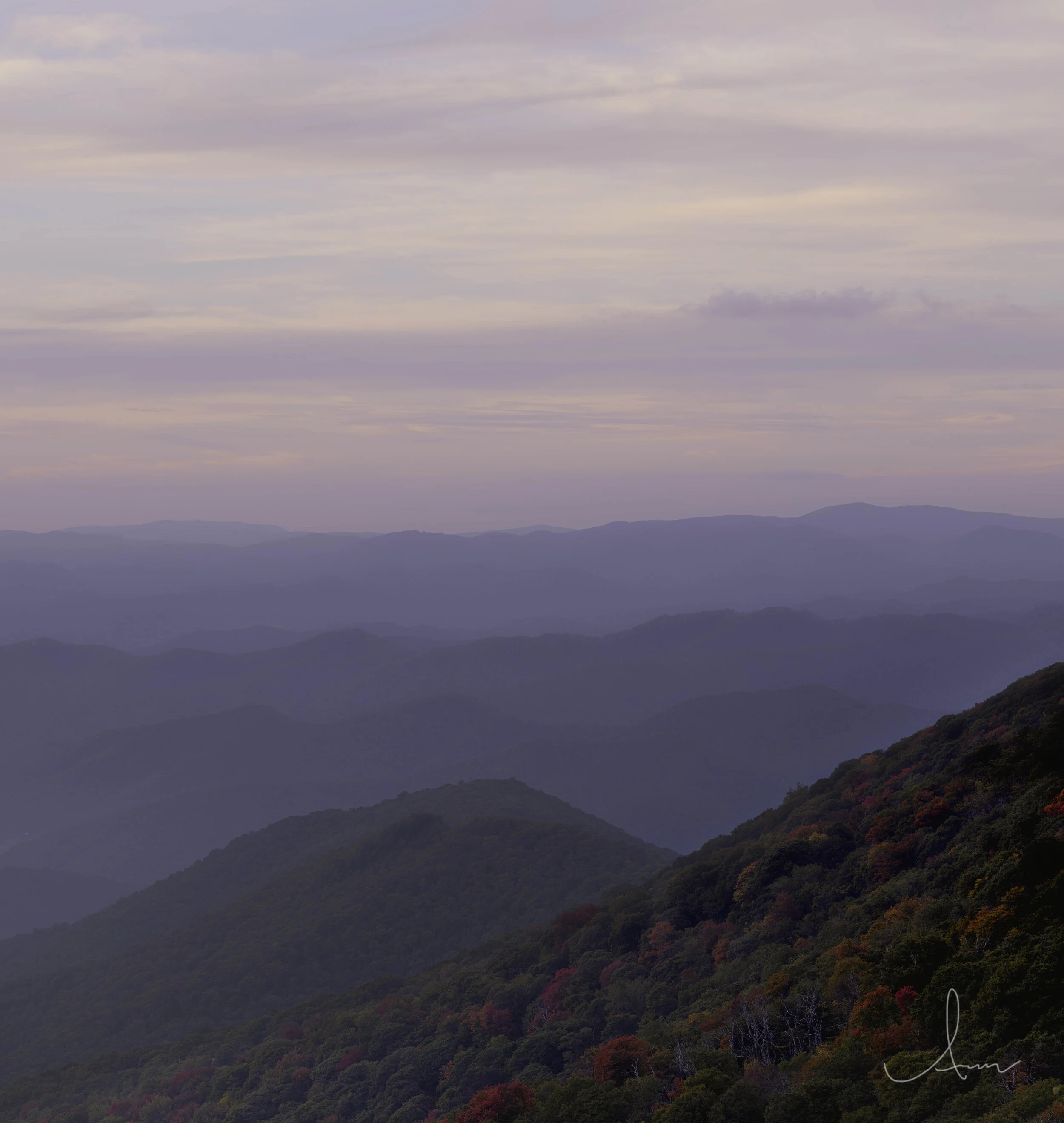 Mountain landscape with rolling hills covered in dense forest under a cloudy sky, exhibiting shades of green and purple in the evening light.