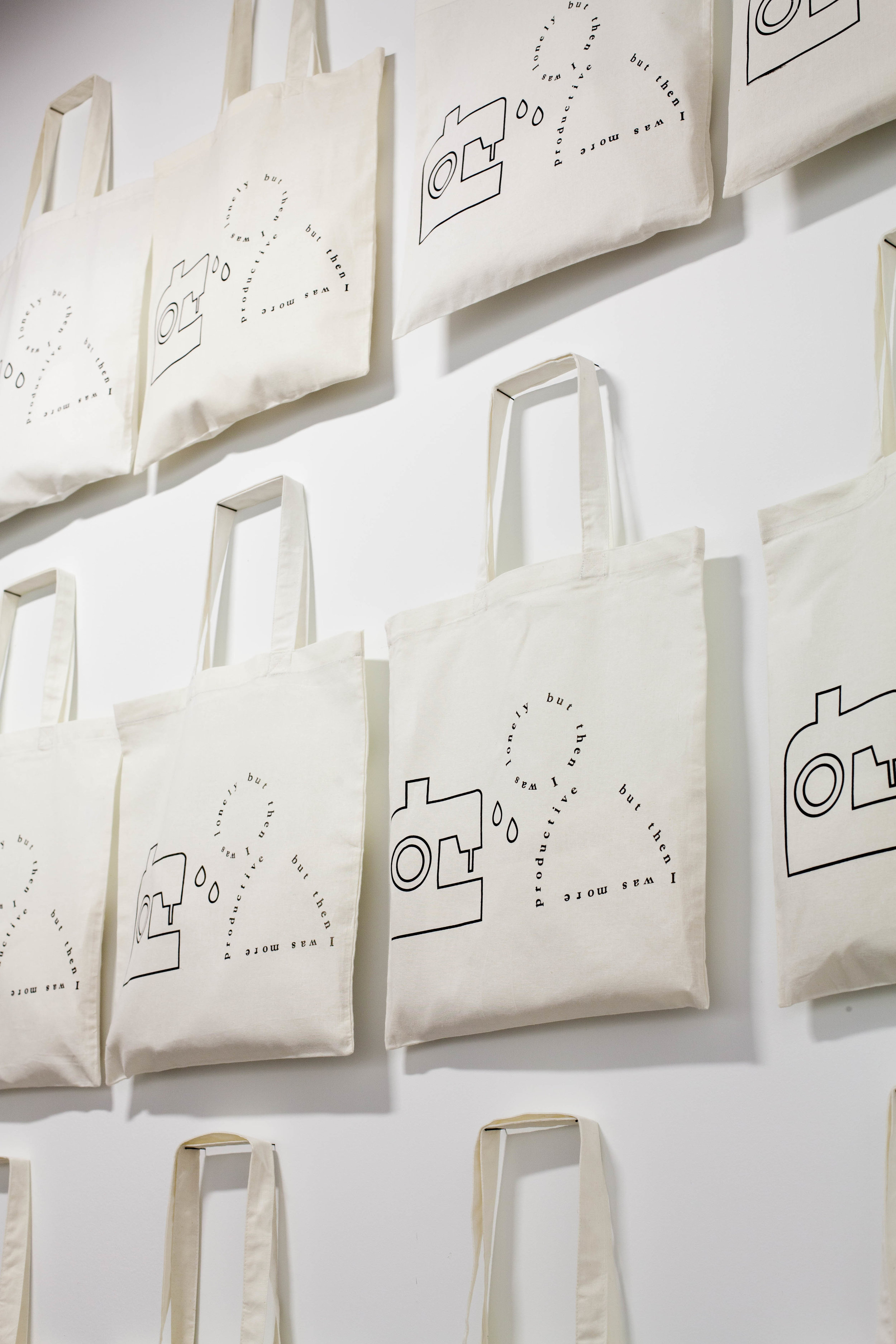   But Then I Was Lonely, But Then I Was More Productive  Screen-printed Tote Bags, 12 x 12" 