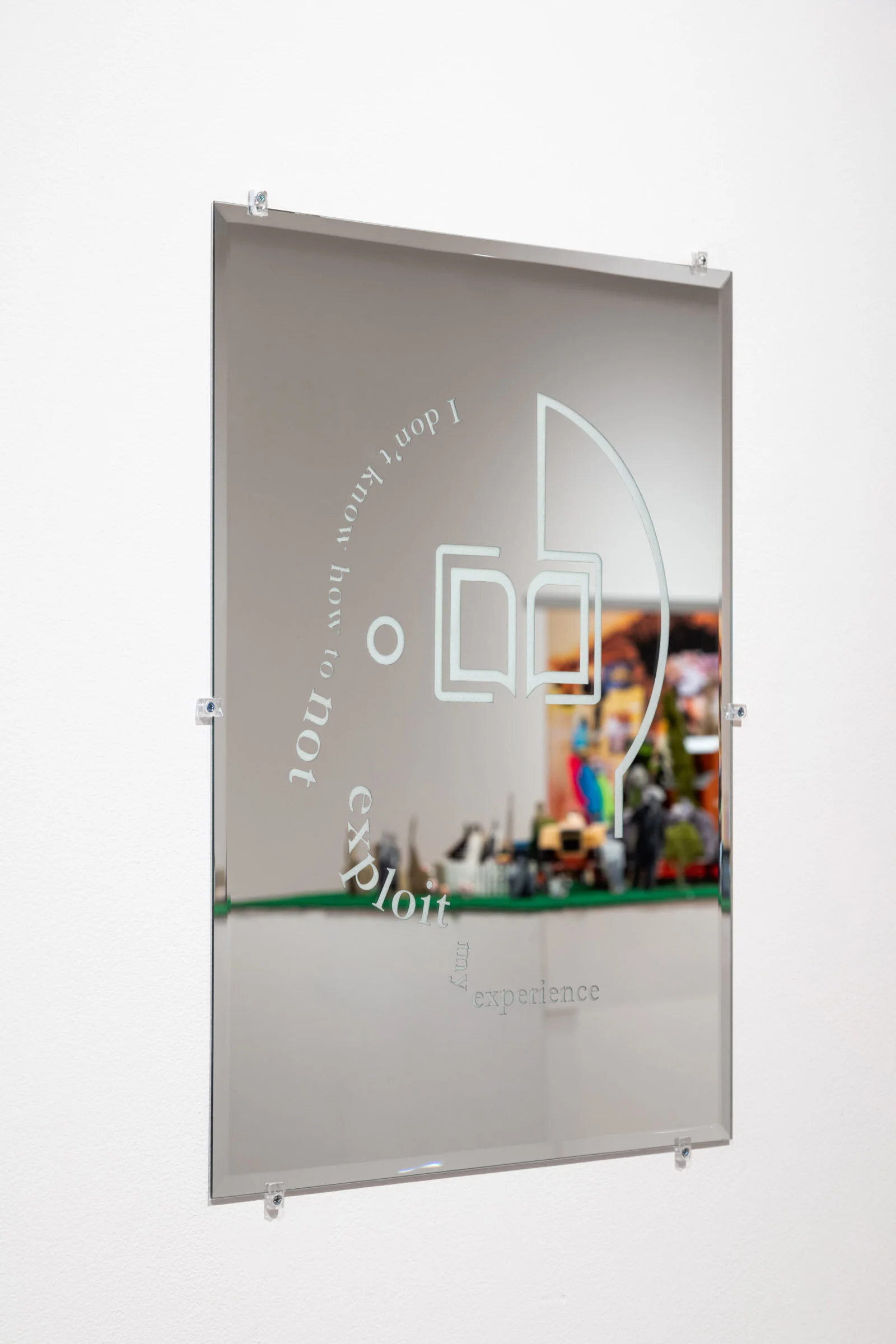 I Don't Know How to Not Exploit My Experience. Mirror, 18 x 24". Installation view from Forest City Gallery.