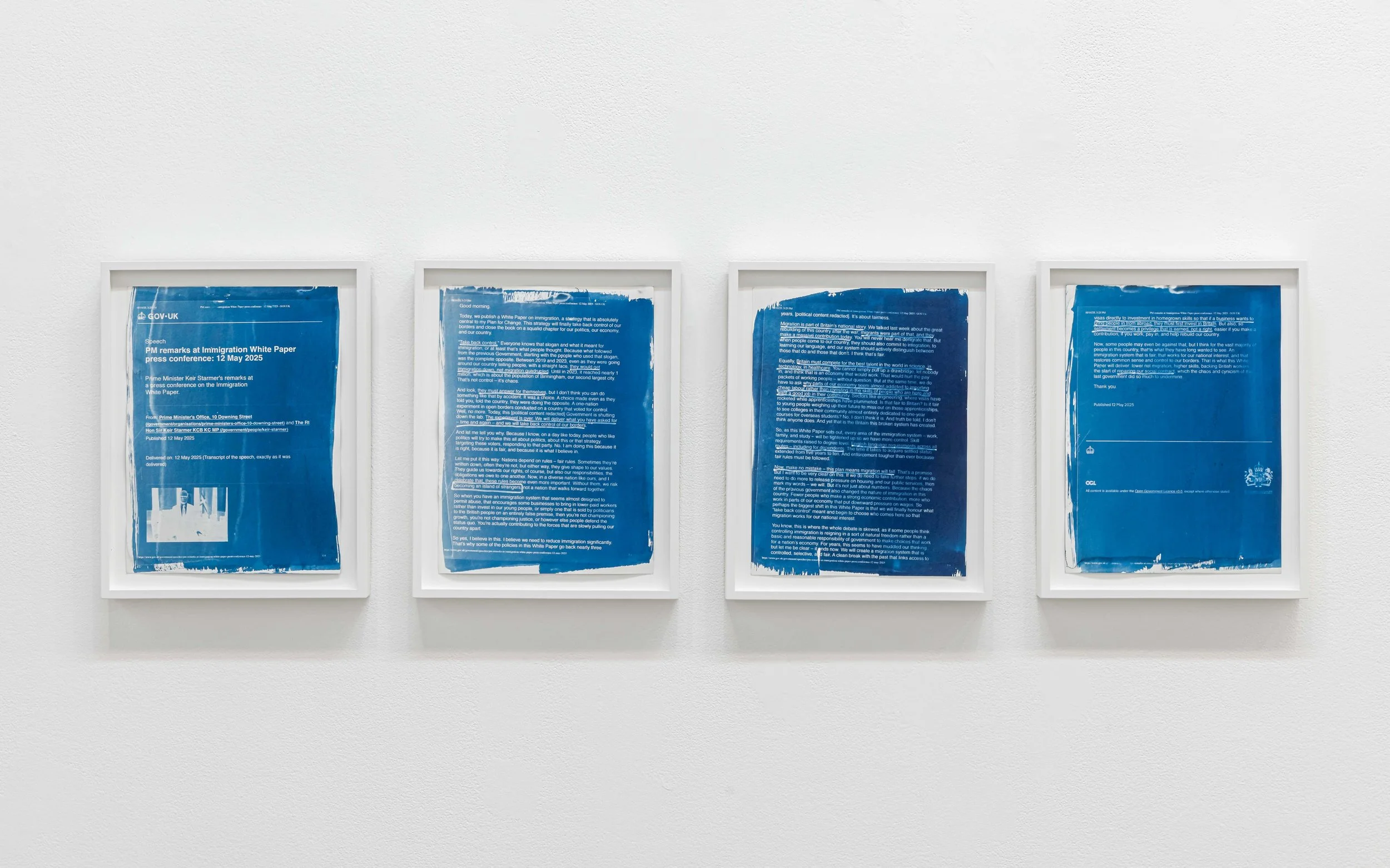  Transcript of Immigration White Paper press conference: 12 May 2025, 2026. cyanotypes on watercolour paper. 14 x 50 in. (35.5 x 127 cm). Photo by Toni Hafkenscheid 